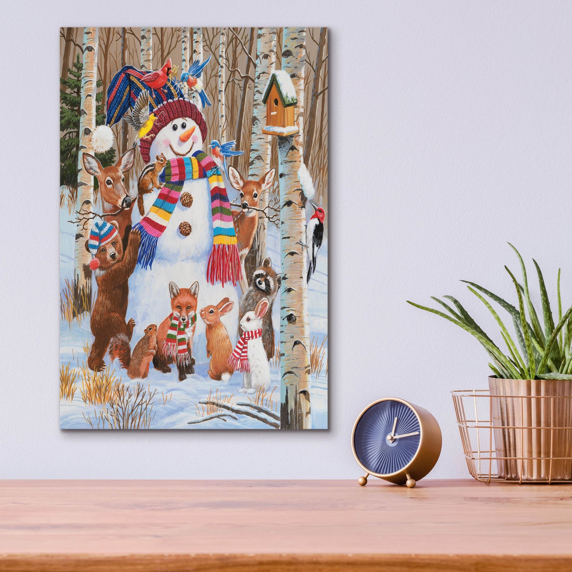 Epic Art 'Forest Animals Decorating Snowman' by William Vanderdasson, Acrylic Glass Wall Art,12x16