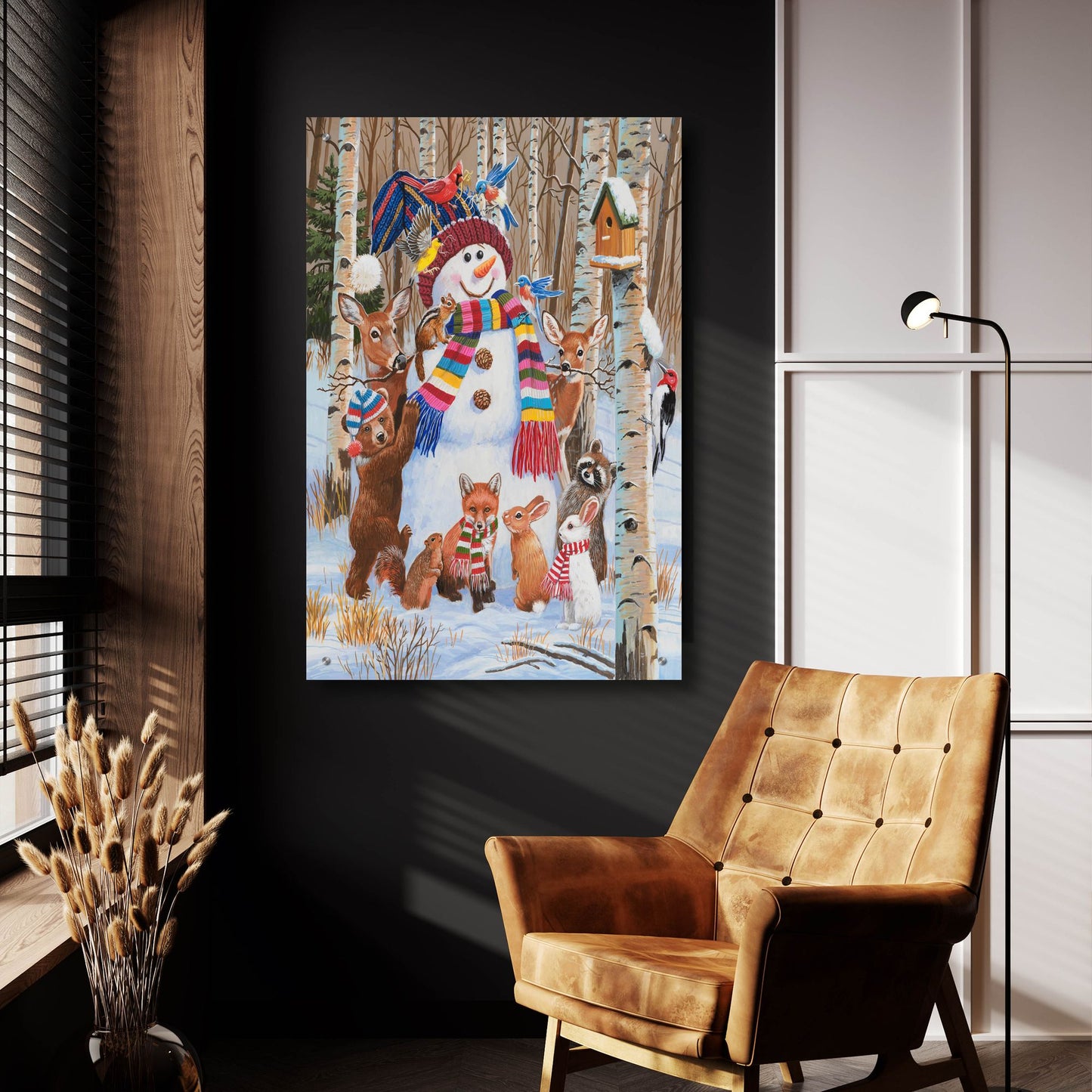 Epic Art 'Forest Animals Decorating Snowman' by William Vanderdasson, Acrylic Glass Wall Art,24x36