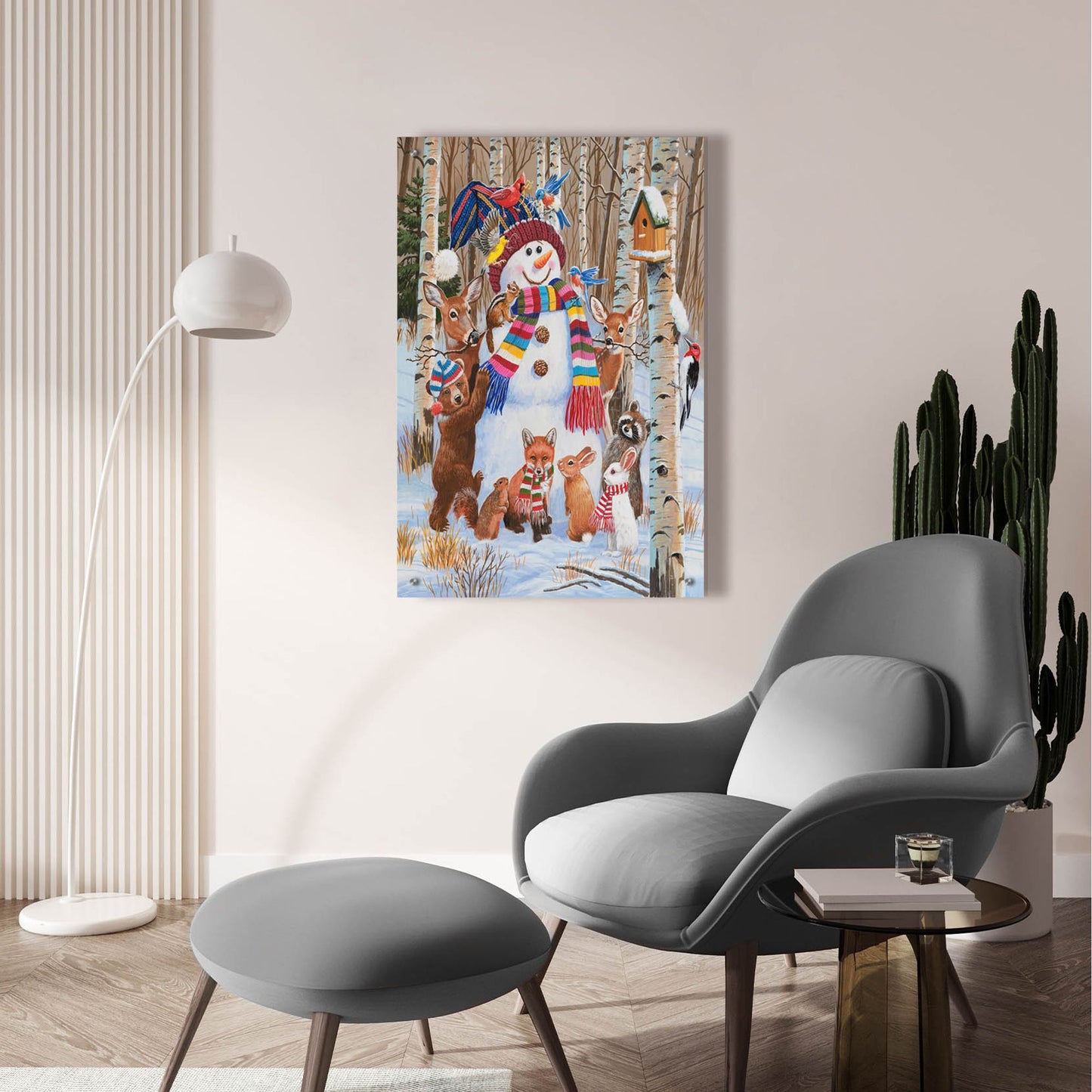 Epic Art 'Forest Animals Decorating Snowman' by William Vanderdasson, Acrylic Glass Wall Art,24x36