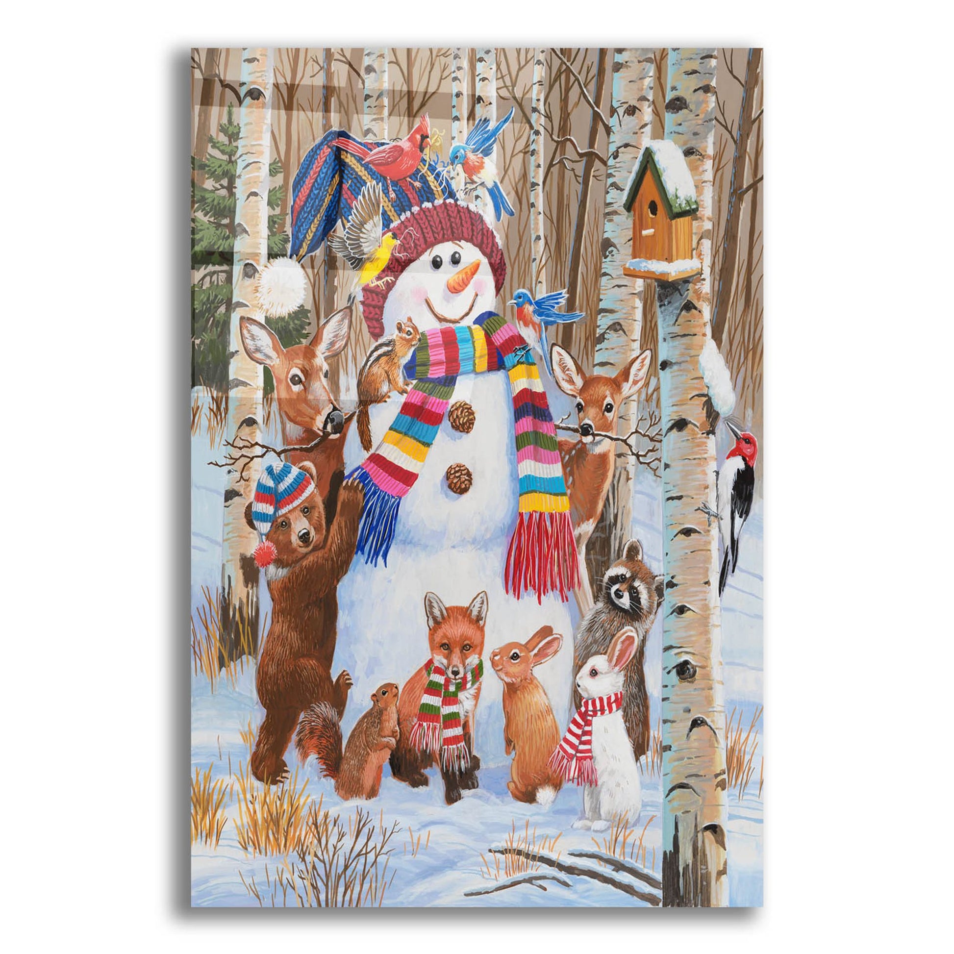 Epic Art 'Forest Animals Decorating Snowman' by William Vanderdasson, Acrylic Glass Wall Art