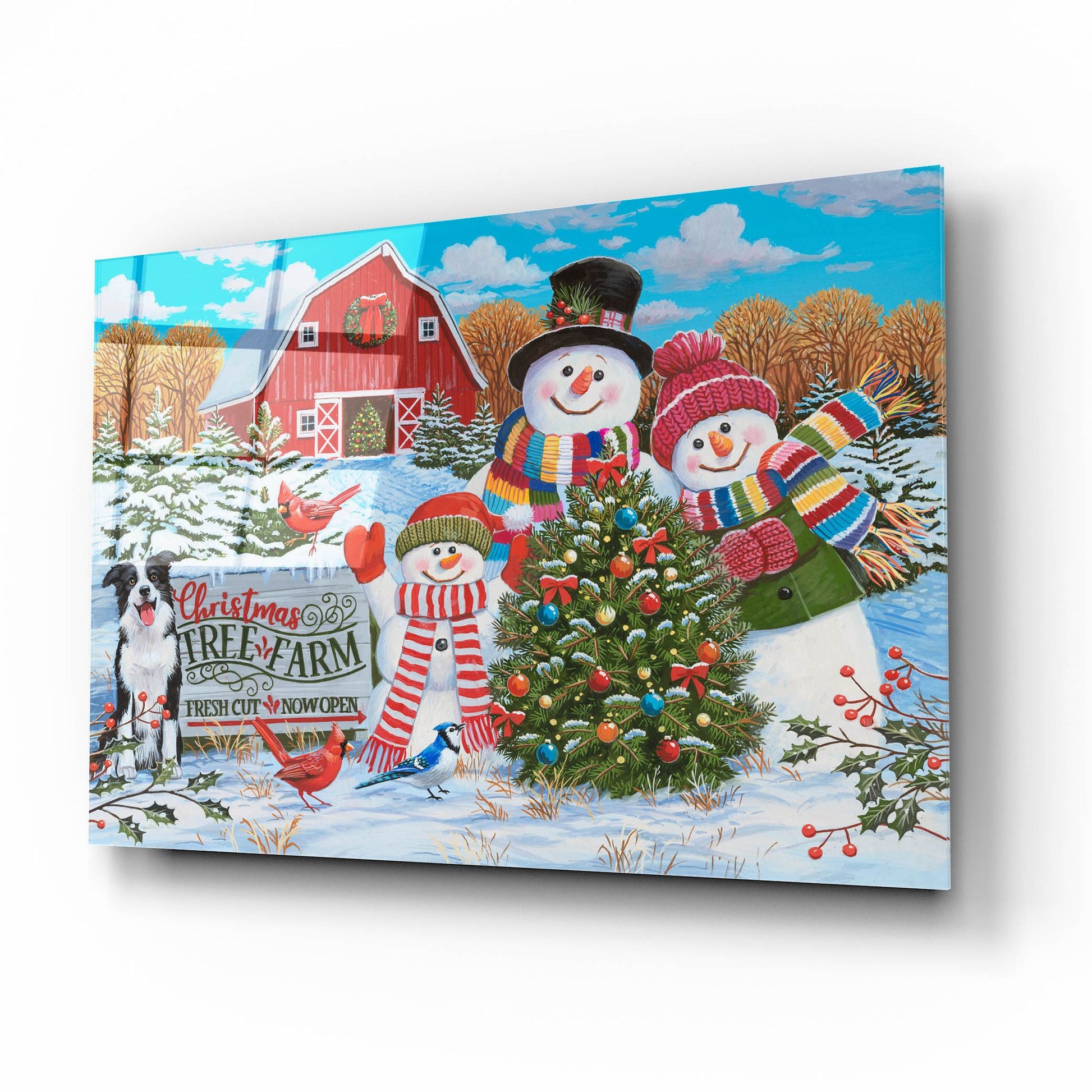 Epic Art 'Tree Farm with Snow Family Greeters' by William Vanderdasson, Acrylic Glass Wall Art,16x12