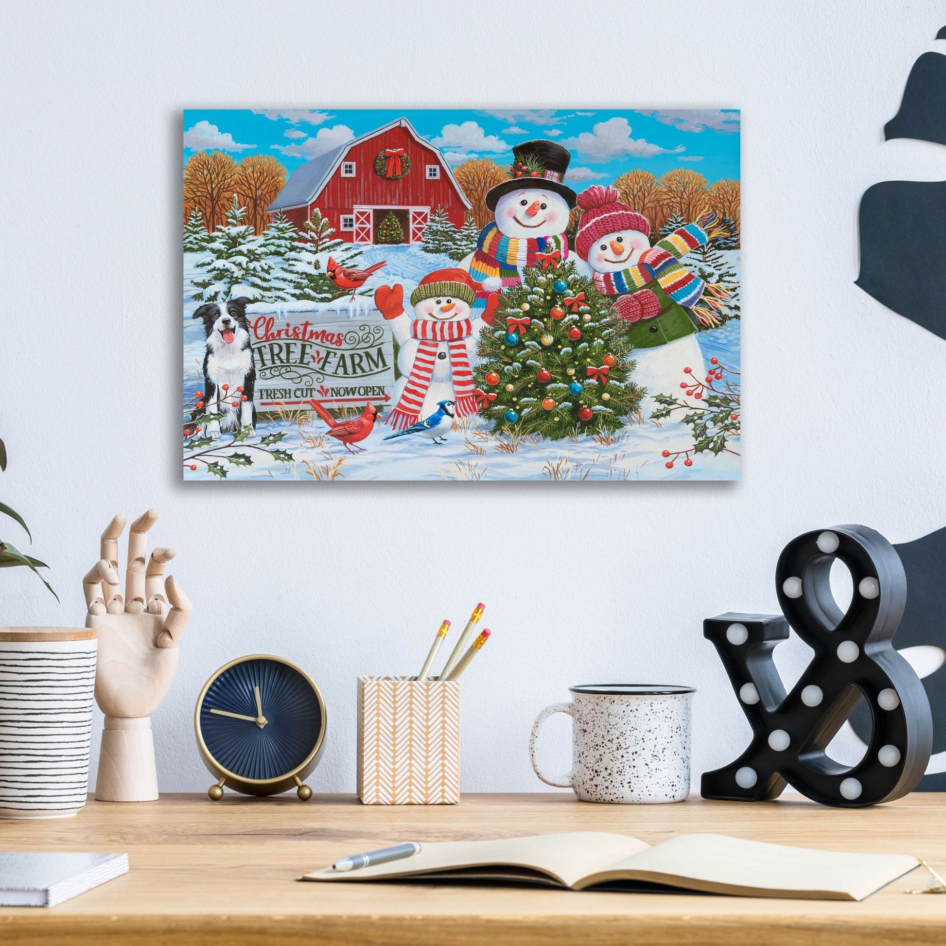 Epic Art 'Tree Farm with Snow Family Greeters' by William Vanderdasson, Acrylic Glass Wall Art,16x12