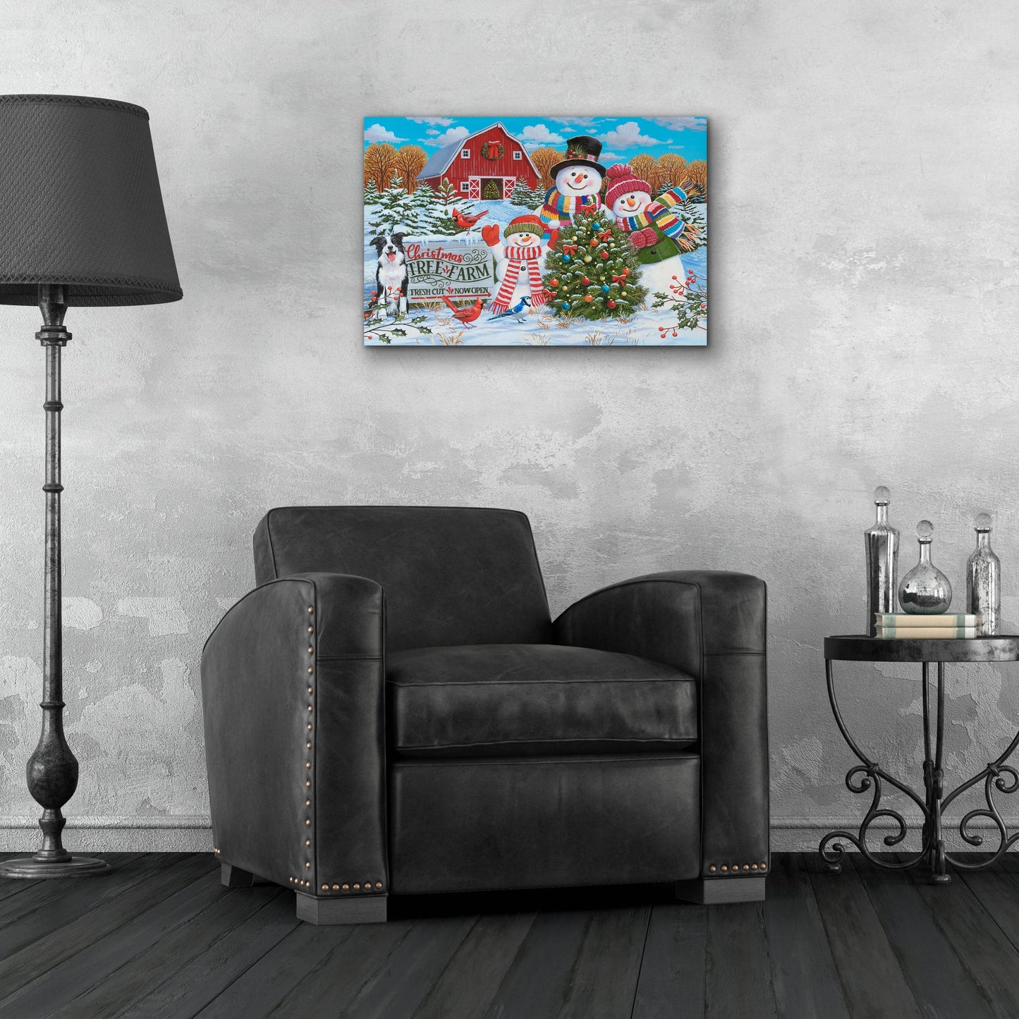 Epic Art 'Tree Farm with Snow Family Greeters' by William Vanderdasson, Acrylic Glass Wall Art,24x16