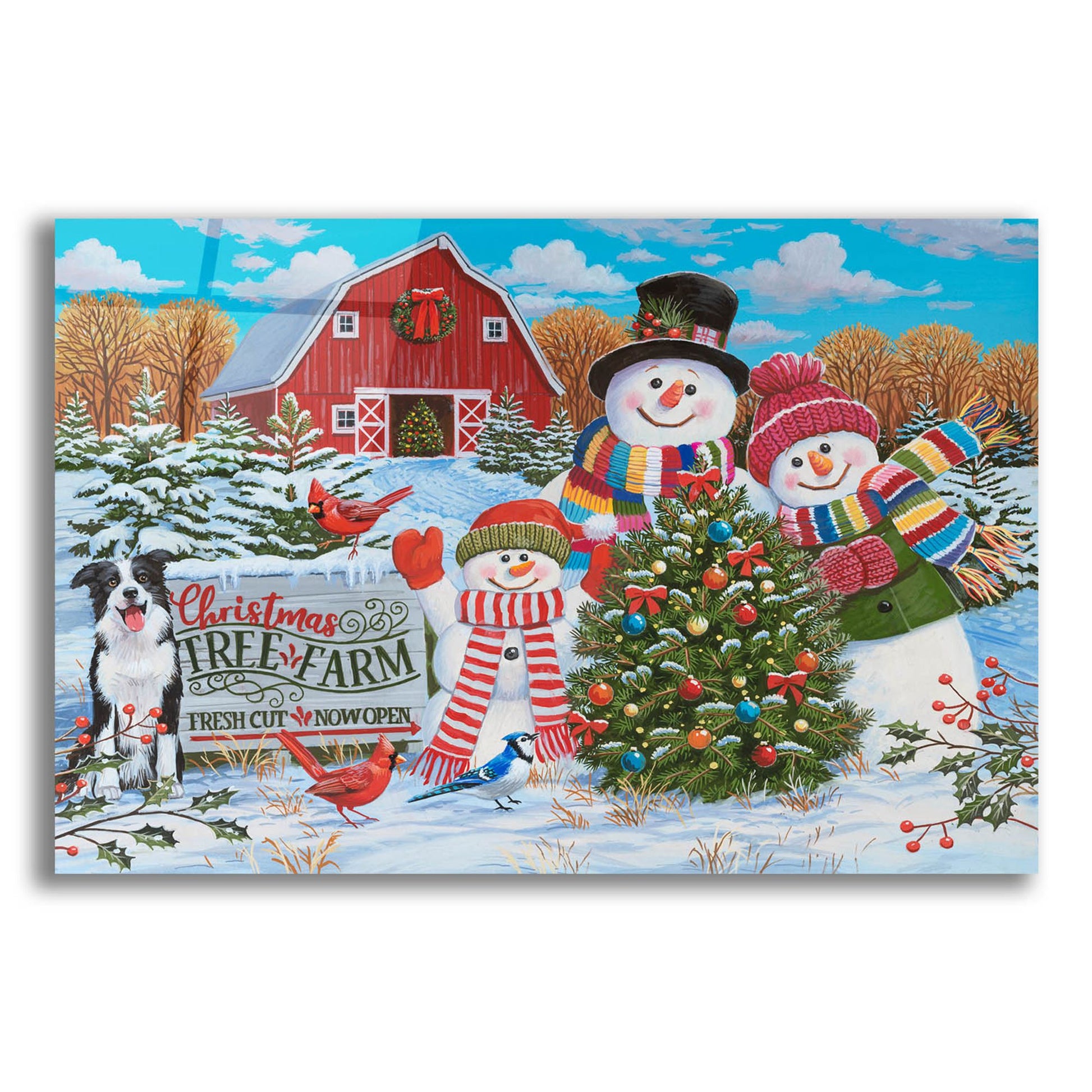 Epic Art 'Tree Farm with Snow Family Greeters' by William Vanderdasson, Acrylic Glass Wall Art,24x16