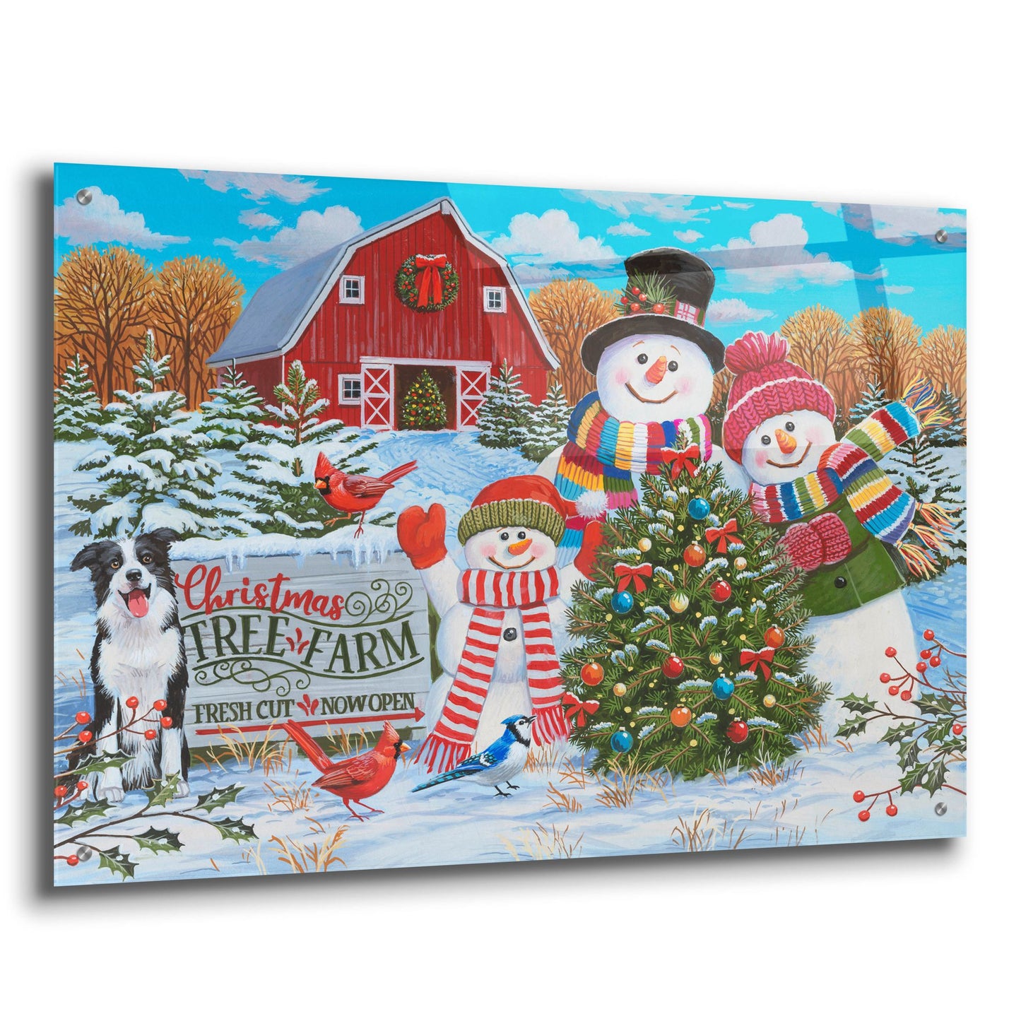 Epic Art 'Tree Farm with Snow Family Greeters' by William Vanderdasson, Acrylic Glass Wall Art,36x24