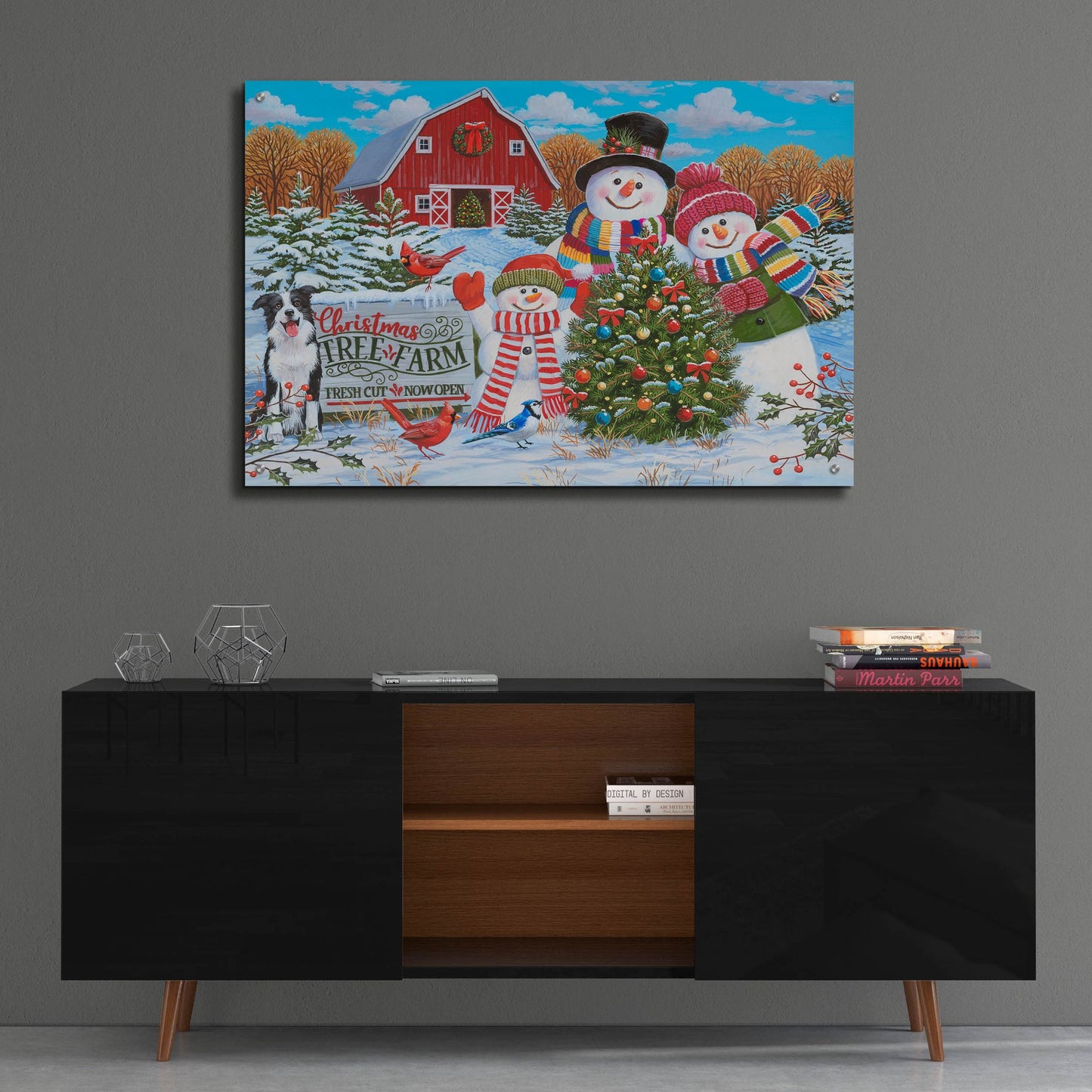 Epic Art 'Tree Farm with Snow Family Greeters' by William Vanderdasson, Acrylic Glass Wall Art,36x24