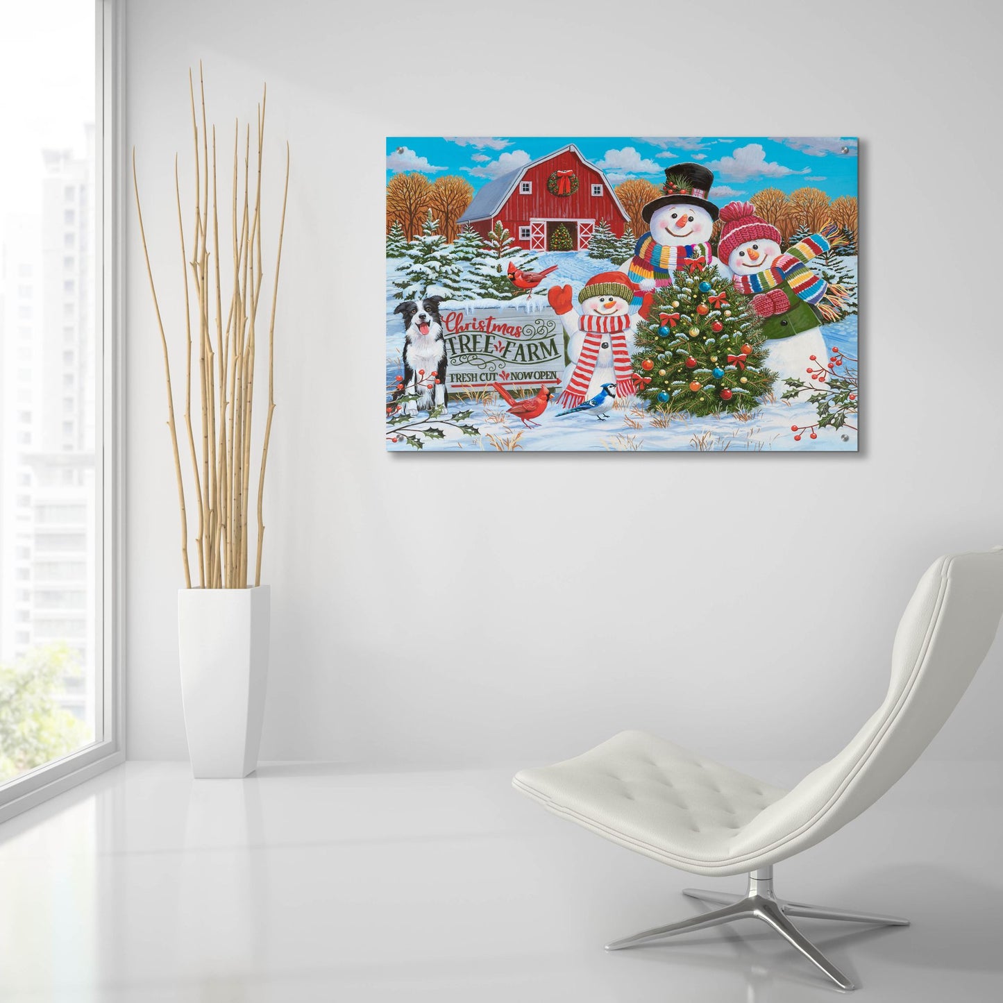 Epic Art 'Tree Farm with Snow Family Greeters' by William Vanderdasson, Acrylic Glass Wall Art,36x24