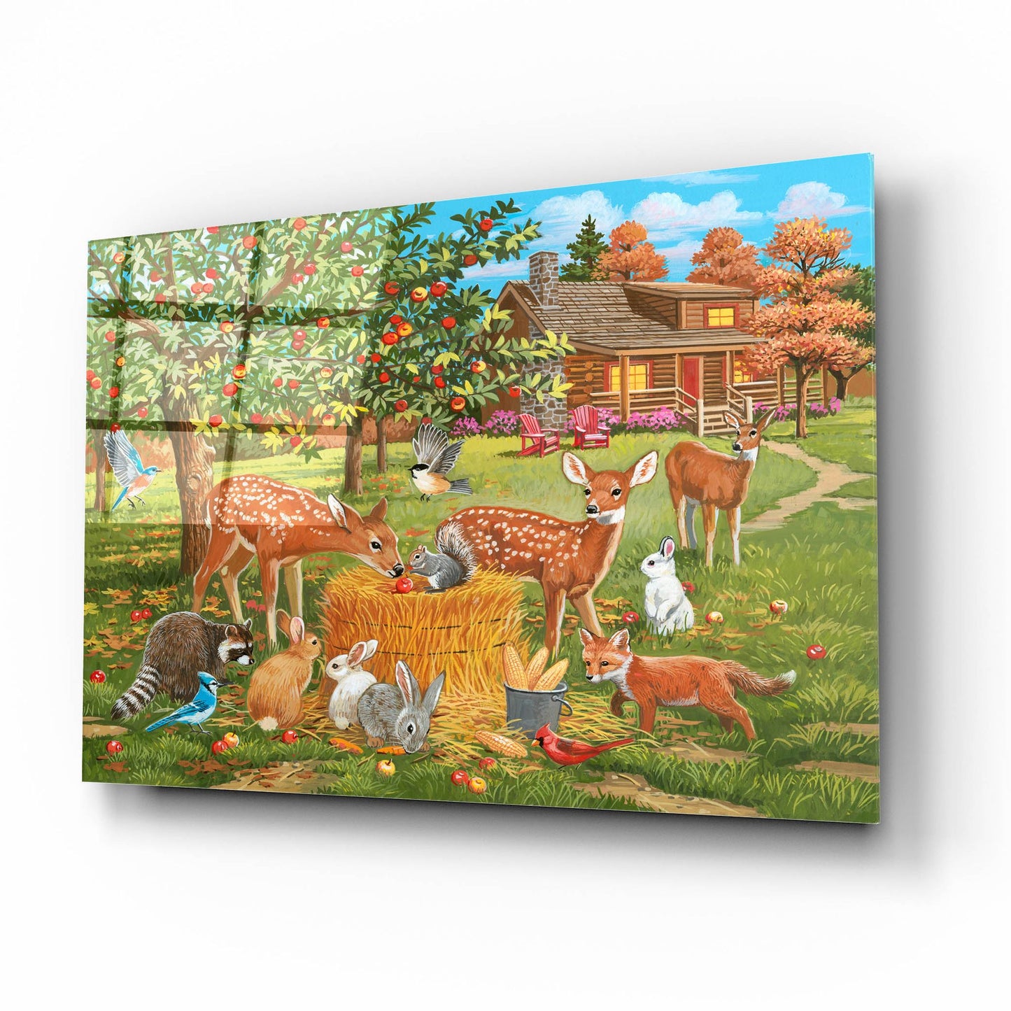 Epic Art 'Fall Cabin Scene with Apple Trees and Forest Animals' by William Vanderdasson, Acrylic Glass Wall Art,16x12