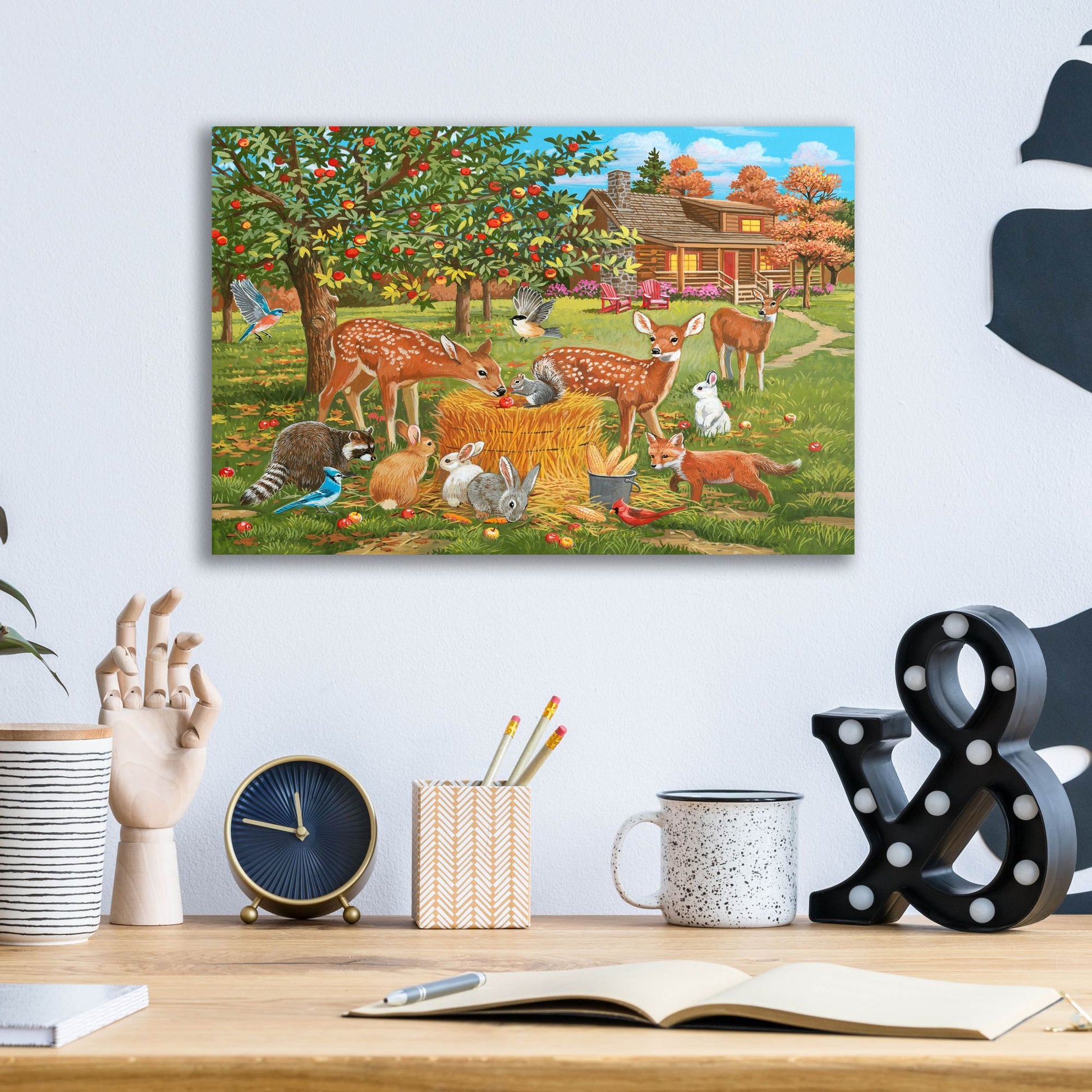 Epic Art 'Fall Cabin Scene with Apple Trees and Forest Animals' by William Vanderdasson, Acrylic Glass Wall Art,16x12