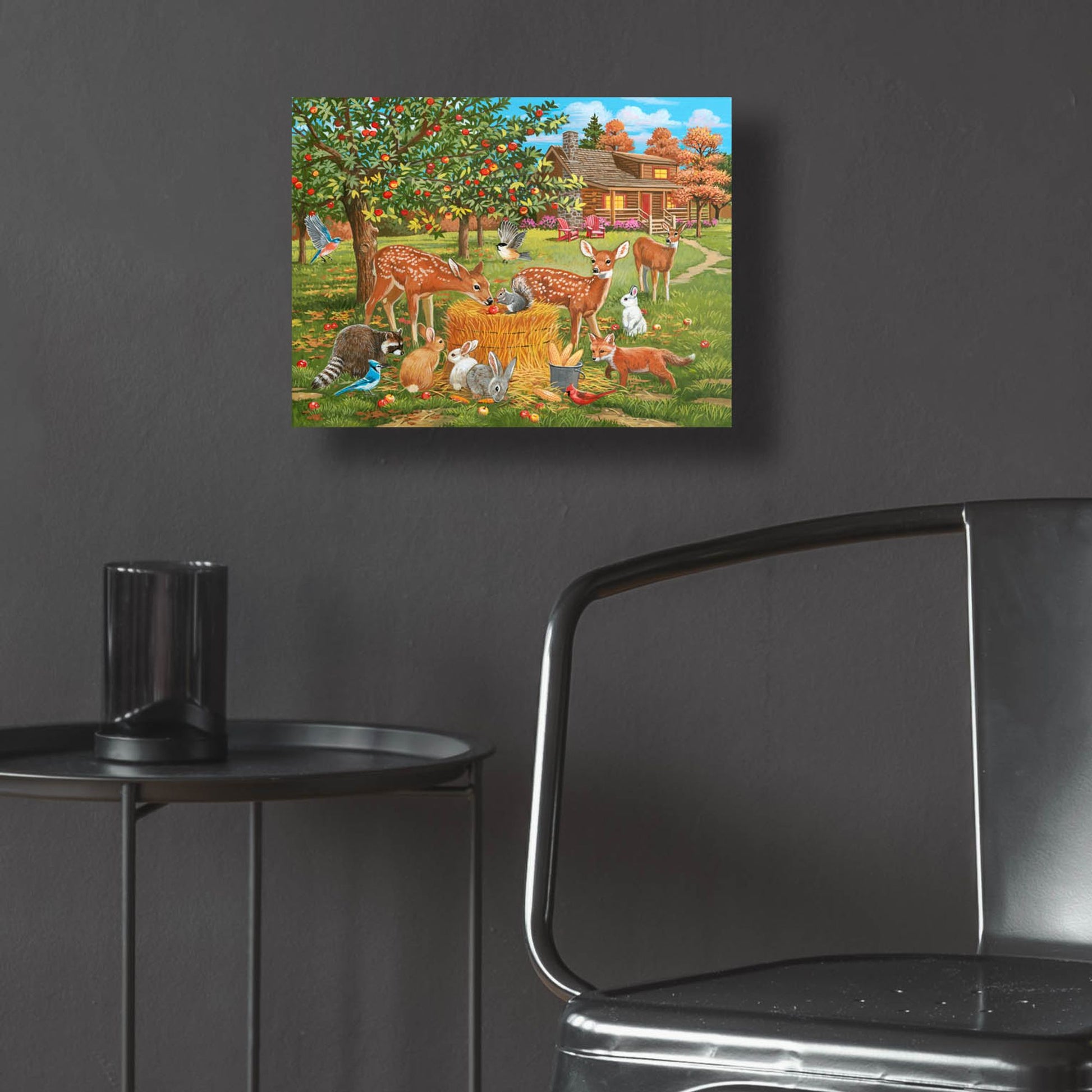 Epic Art 'Fall Cabin Scene with Apple Trees and Forest Animals' by William Vanderdasson, Acrylic Glass Wall Art,16x12