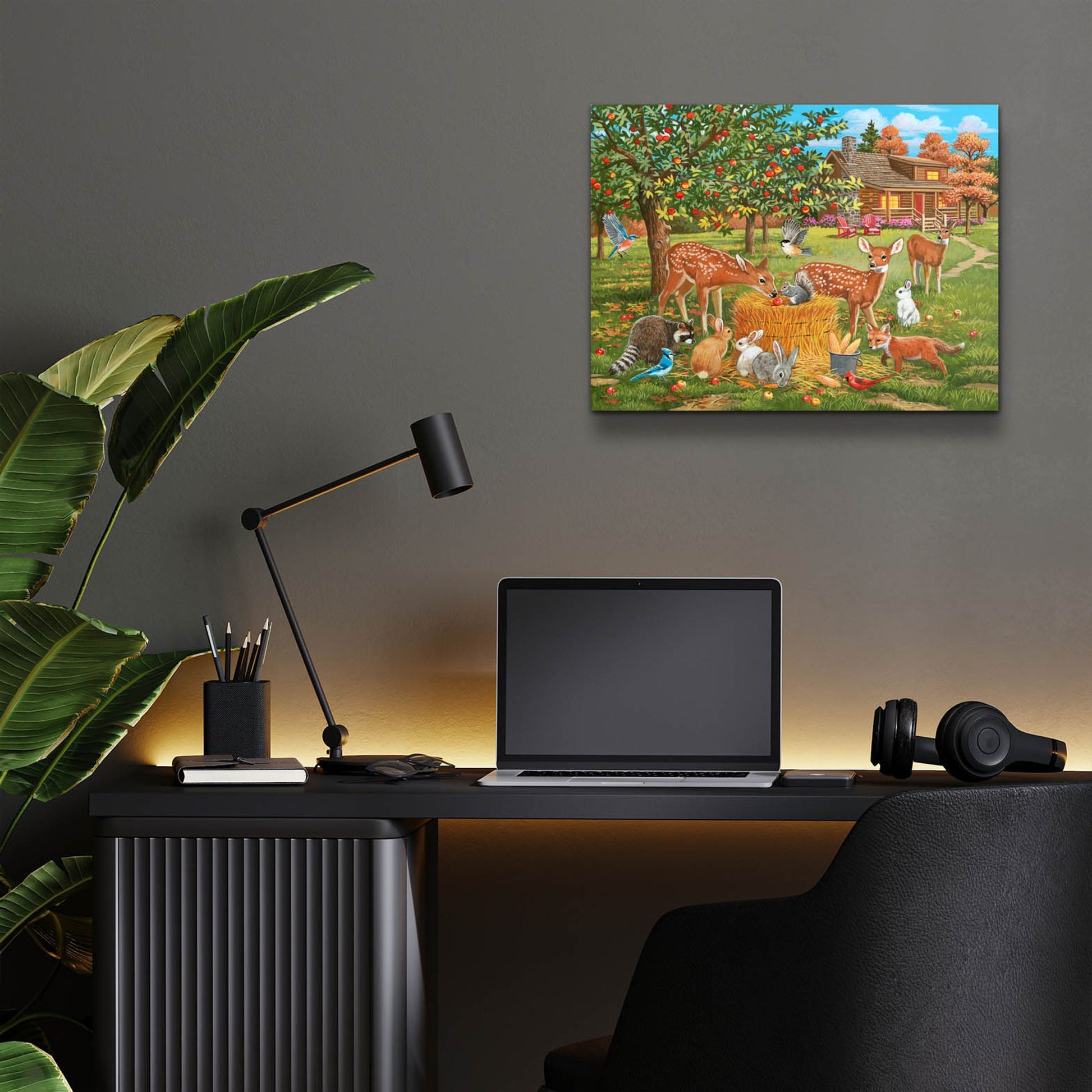 Epic Art 'Fall Cabin Scene with Apple Trees and Forest Animals' by William Vanderdasson, Acrylic Glass Wall Art,16x12