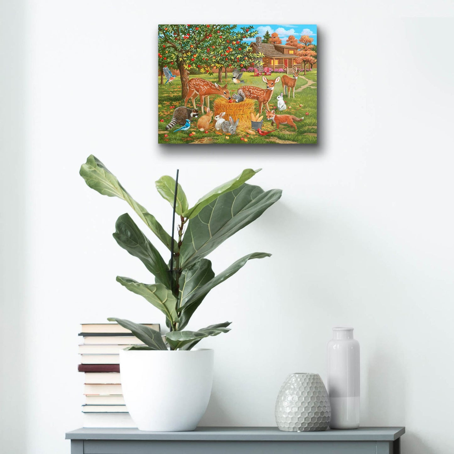 Epic Art 'Fall Cabin Scene with Apple Trees and Forest Animals' by William Vanderdasson, Acrylic Glass Wall Art,16x12