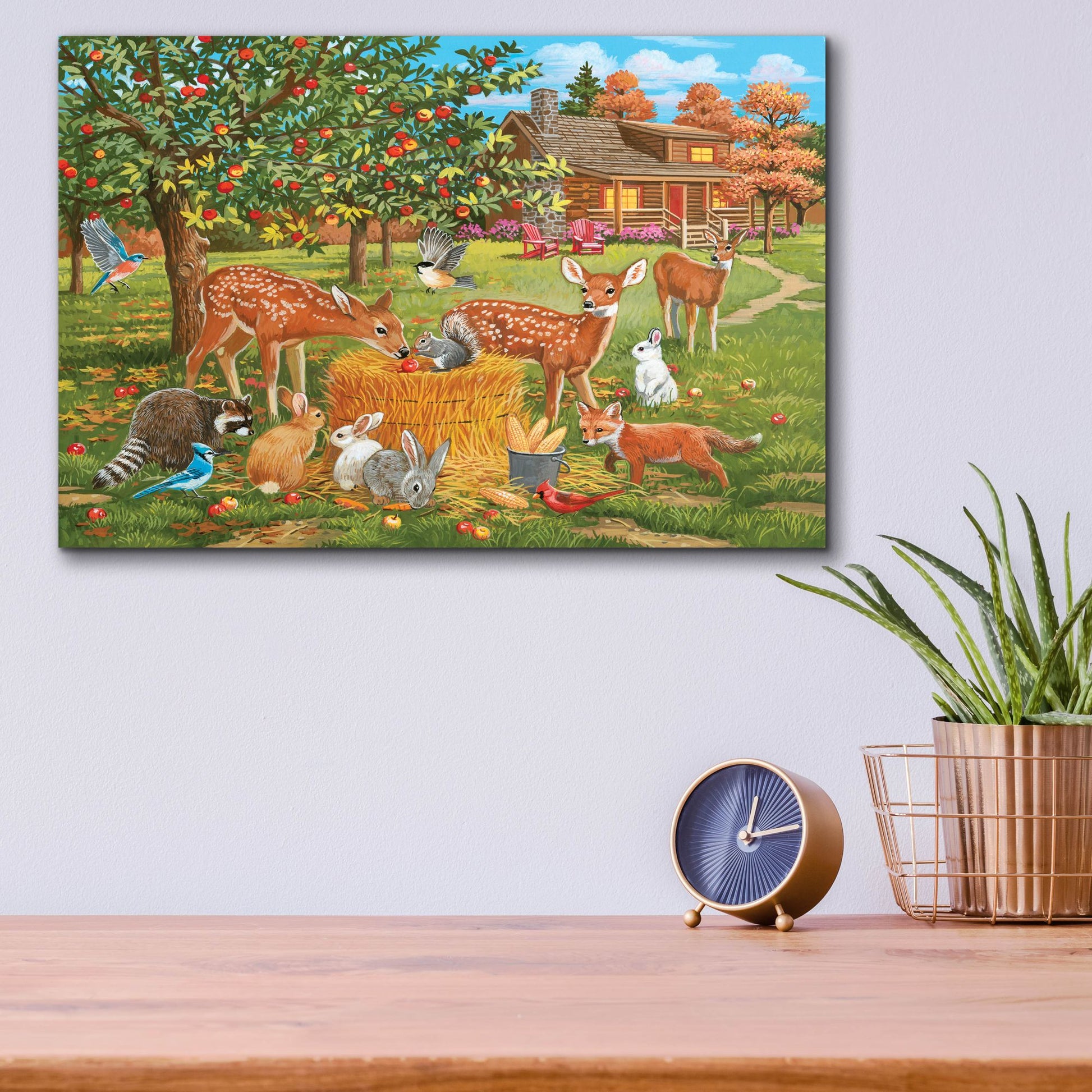 Epic Art 'Fall Cabin Scene with Apple Trees and Forest Animals' by William Vanderdasson, Acrylic Glass Wall Art,16x12