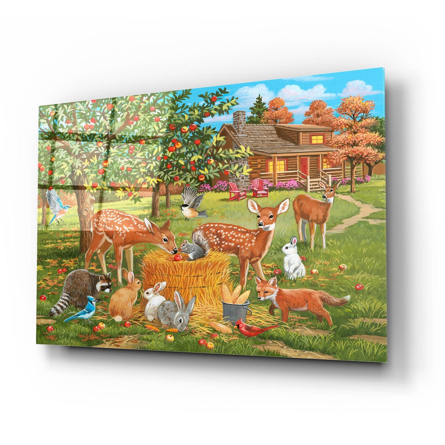 Epic Art 'Fall Cabin Scene with Apple Trees and Forest Animals' by William Vanderdasson, Acrylic Glass Wall Art,24x16