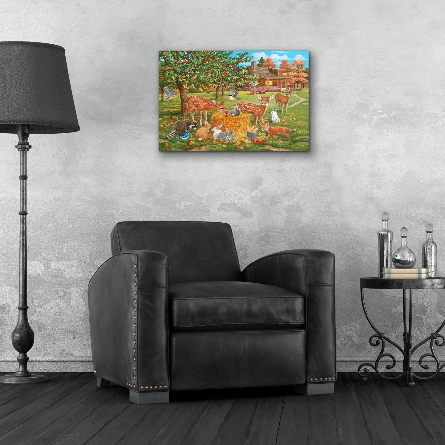 Epic Art 'Fall Cabin Scene with Apple Trees and Forest Animals' by William Vanderdasson, Acrylic Glass Wall Art,24x16