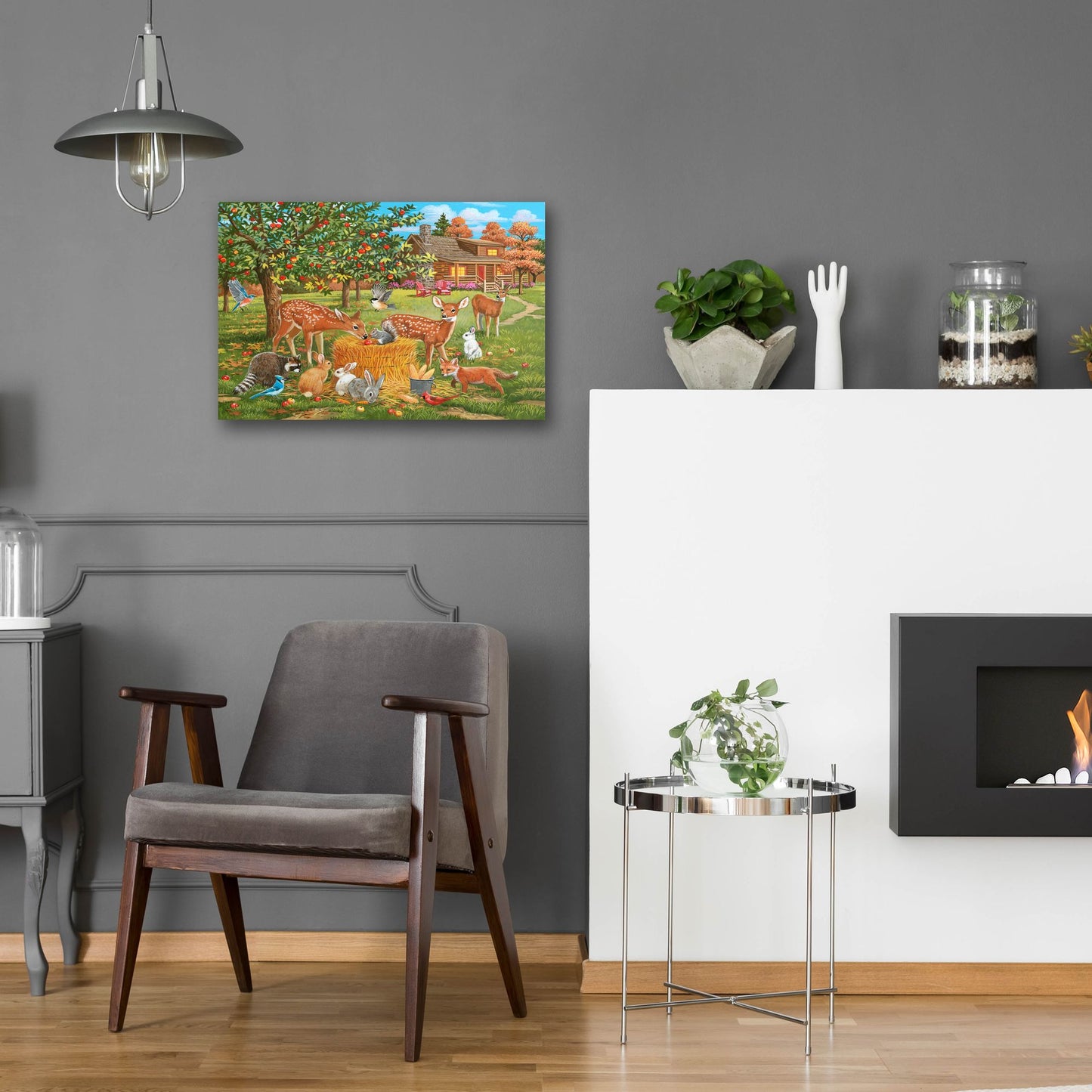 Epic Art 'Fall Cabin Scene with Apple Trees and Forest Animals' by William Vanderdasson, Acrylic Glass Wall Art,24x16