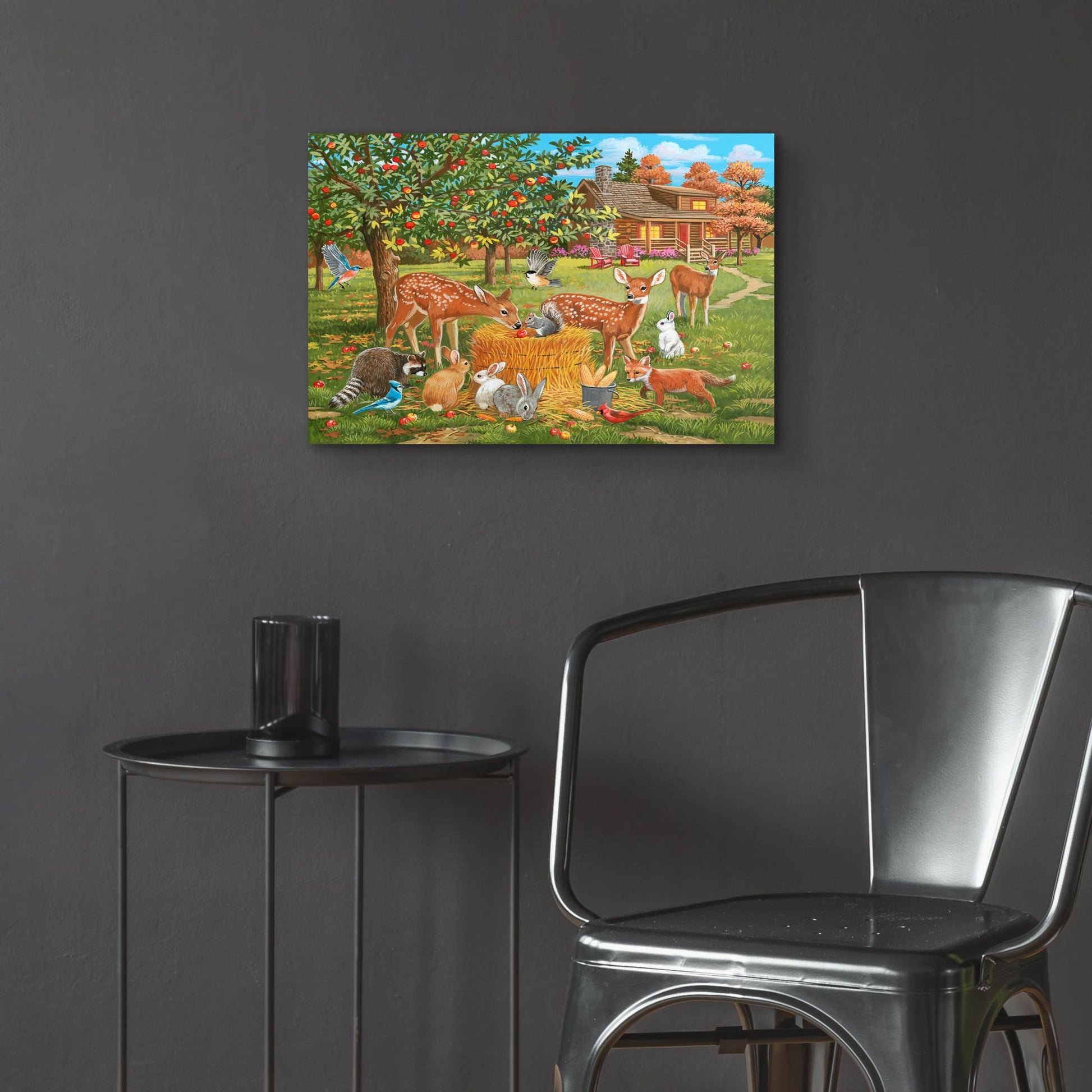 Epic Art 'Fall Cabin Scene with Apple Trees and Forest Animals' by William Vanderdasson, Acrylic Glass Wall Art,24x16