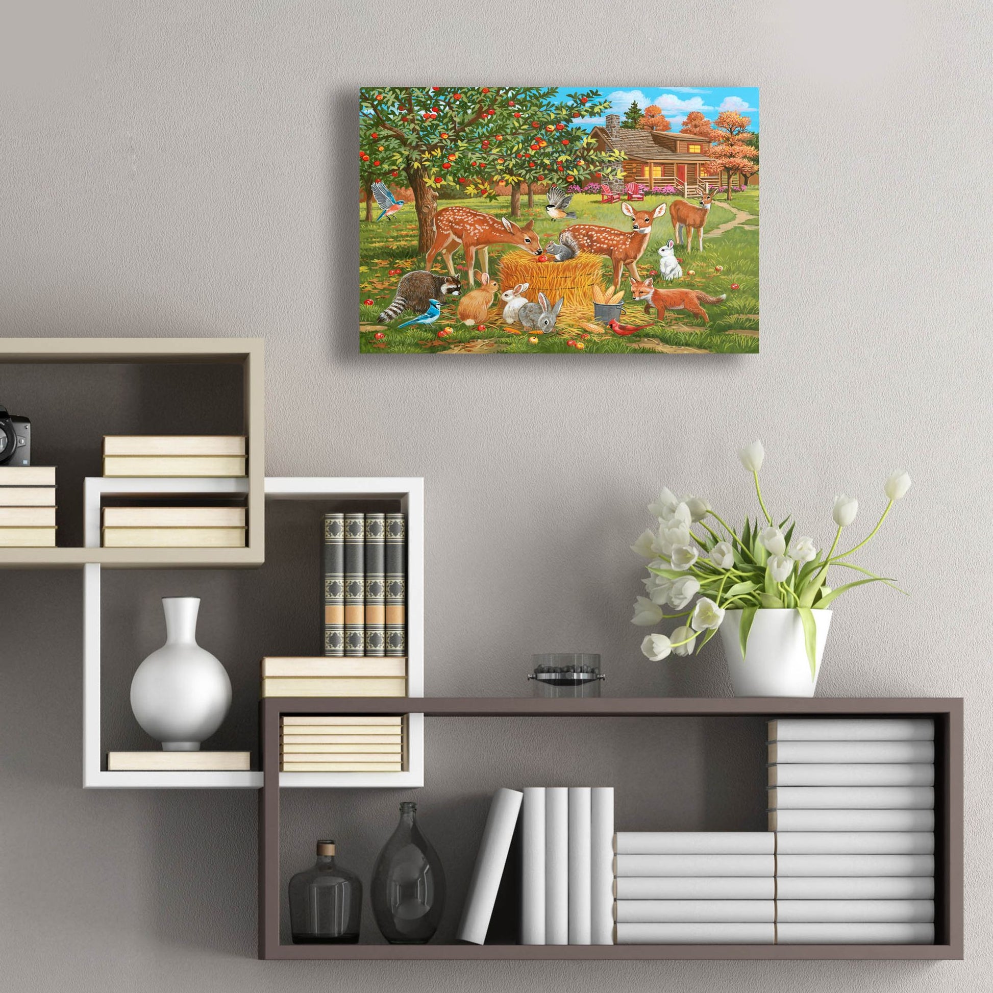 Epic Art 'Fall Cabin Scene with Apple Trees and Forest Animals' by William Vanderdasson, Acrylic Glass Wall Art,24x16