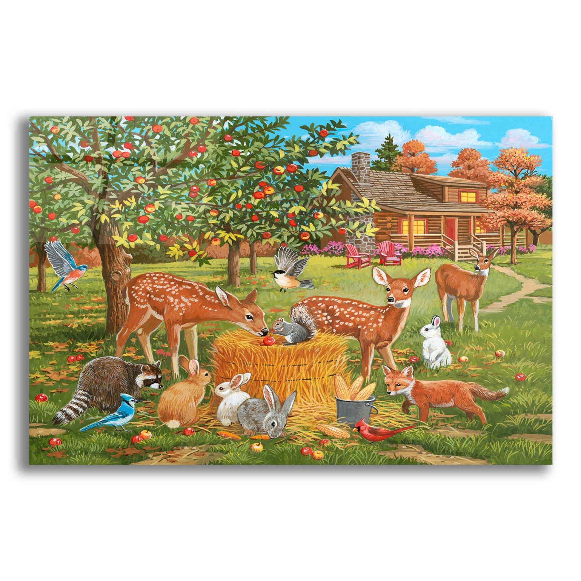 Epic Art 'Fall Cabin Scene with Apple Trees and Forest Animals' by William Vanderdasson, Acrylic Glass Wall Art,24x16