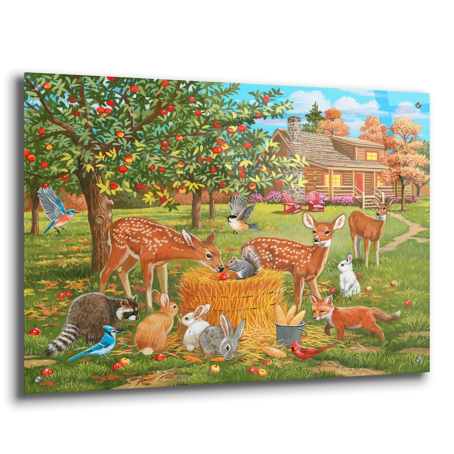 Epic Art 'Fall Cabin Scene with Apple Trees and Forest Animals' by William Vanderdasson, Acrylic Glass Wall Art,36x24