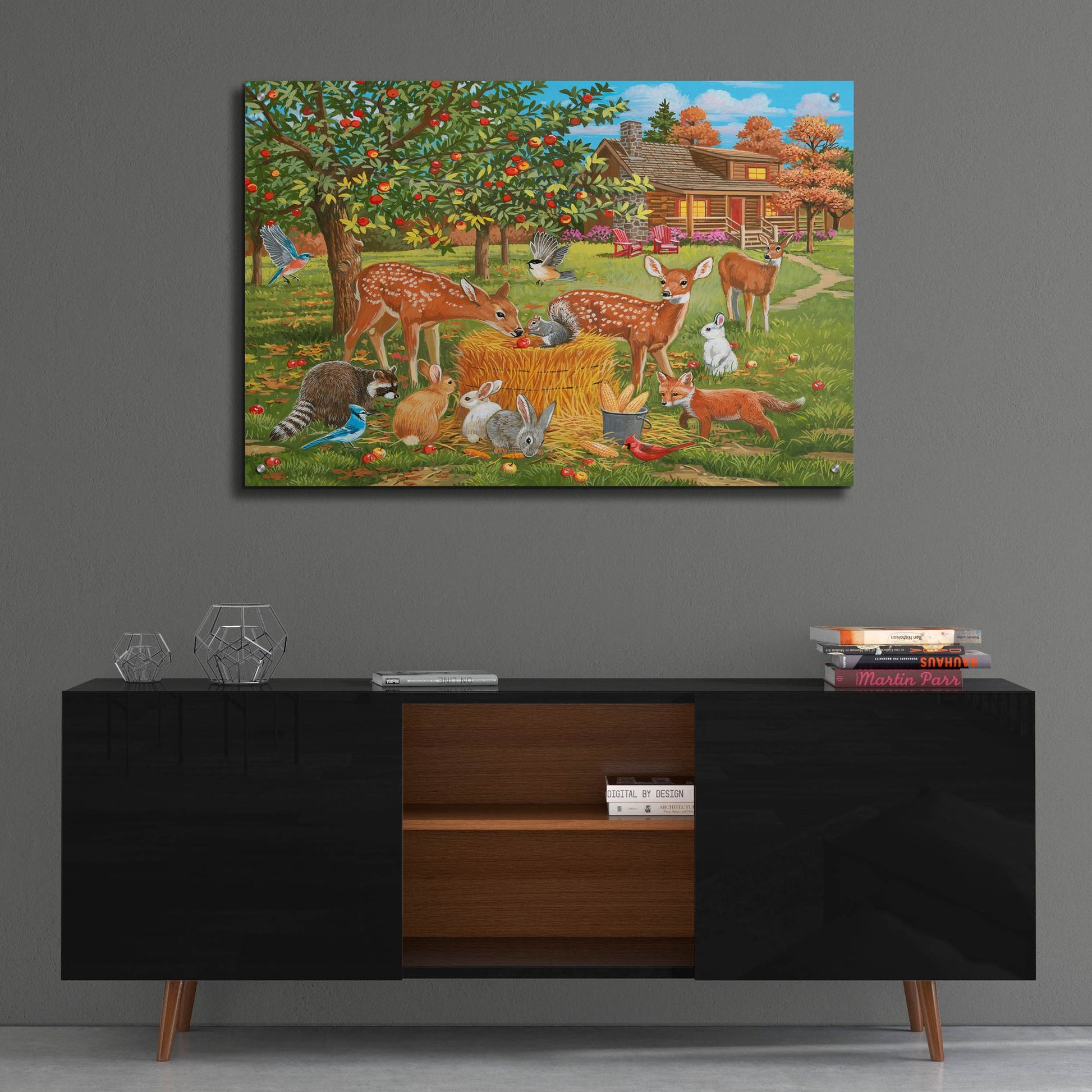 Epic Art 'Fall Cabin Scene with Apple Trees and Forest Animals' by William Vanderdasson, Acrylic Glass Wall Art,36x24