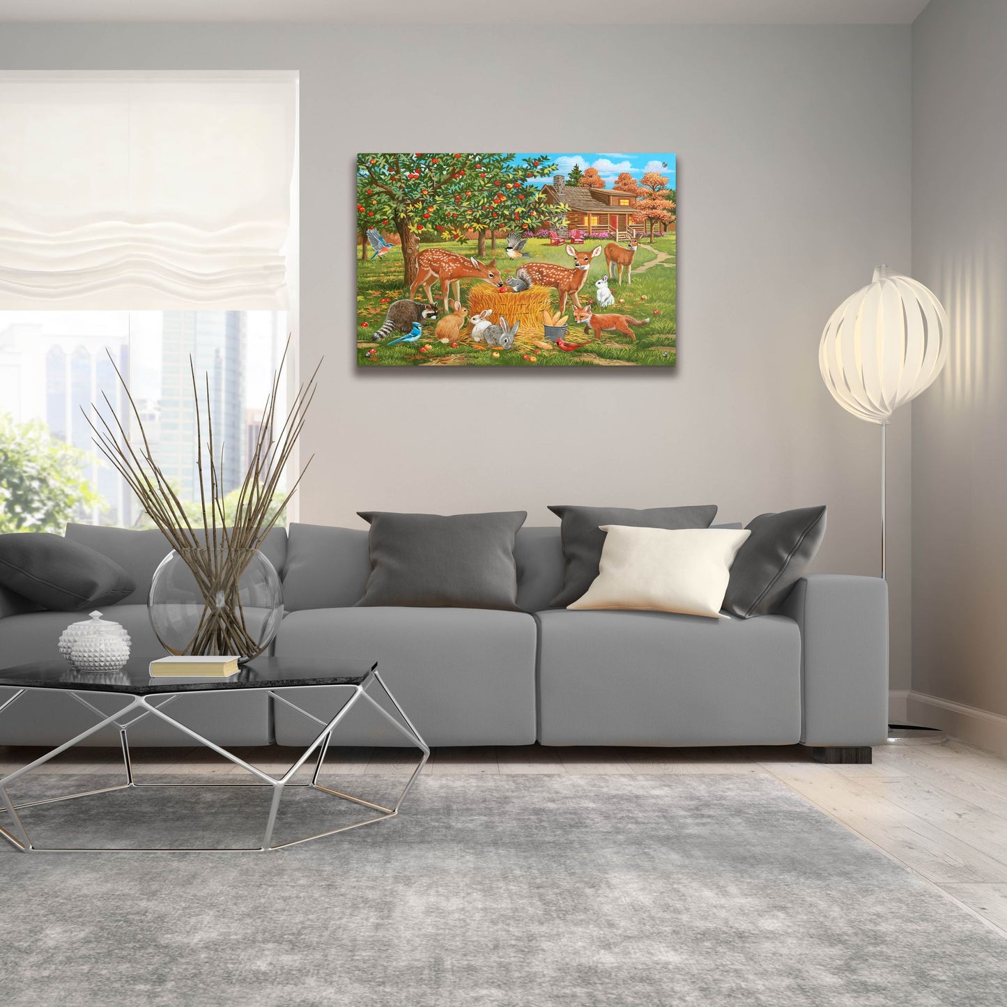 Epic Art 'Fall Cabin Scene with Apple Trees and Forest Animals' by William Vanderdasson, Acrylic Glass Wall Art,36x24