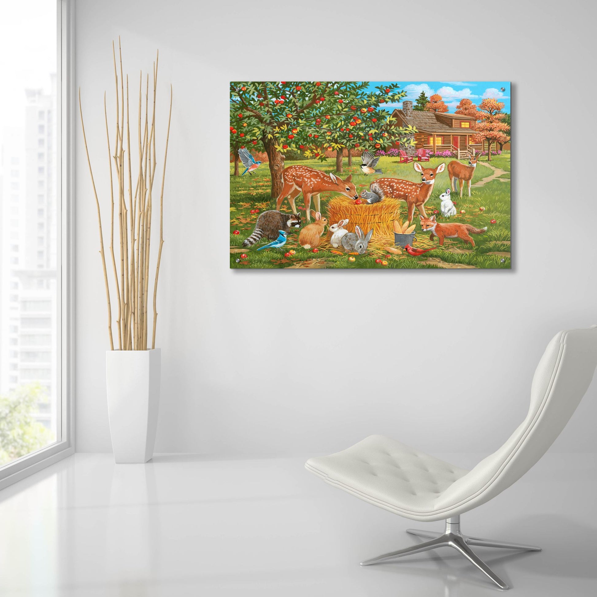 Epic Art 'Fall Cabin Scene with Apple Trees and Forest Animals' by William Vanderdasson, Acrylic Glass Wall Art,36x24