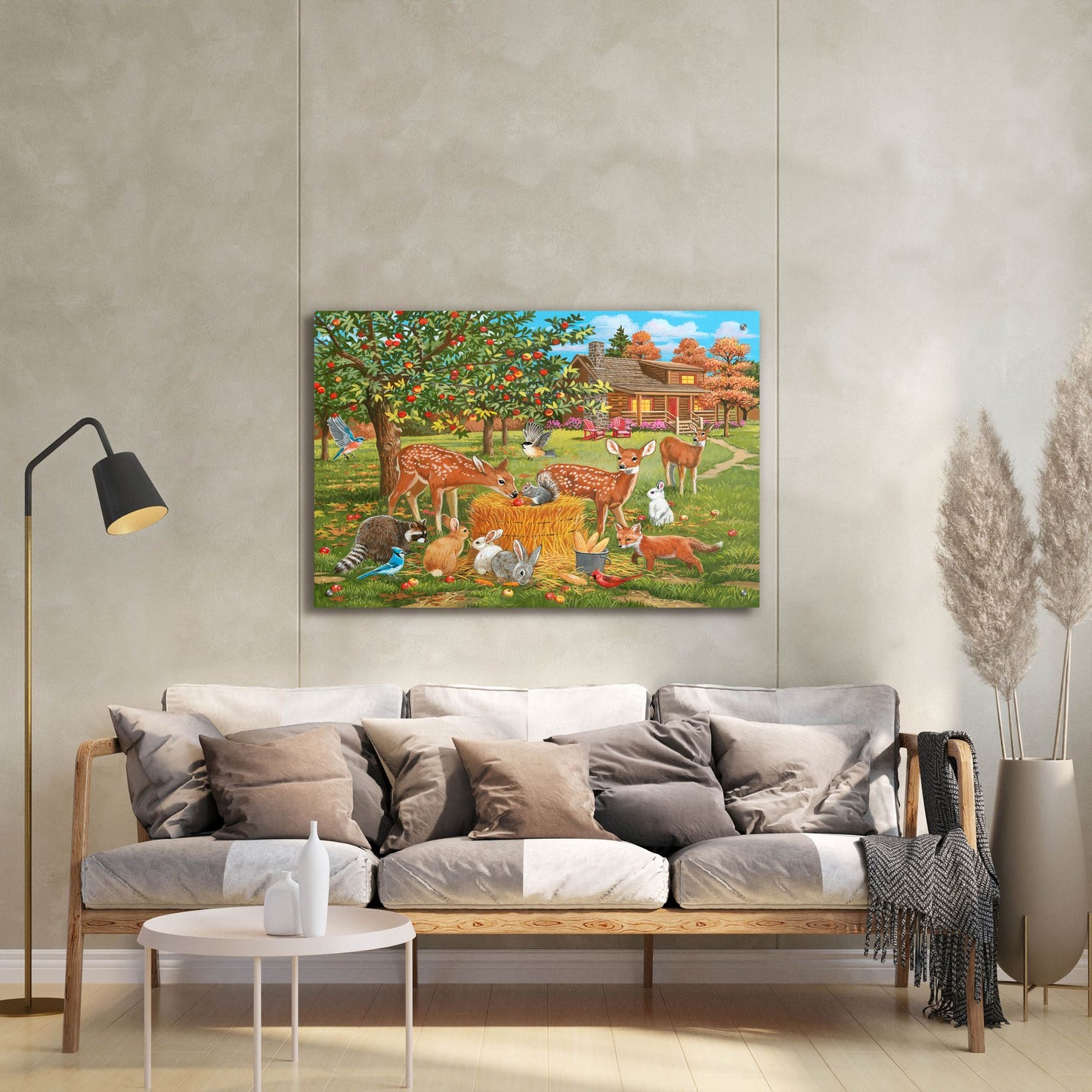 Epic Art 'Fall Cabin Scene with Apple Trees and Forest Animals' by William Vanderdasson, Acrylic Glass Wall Art,36x24