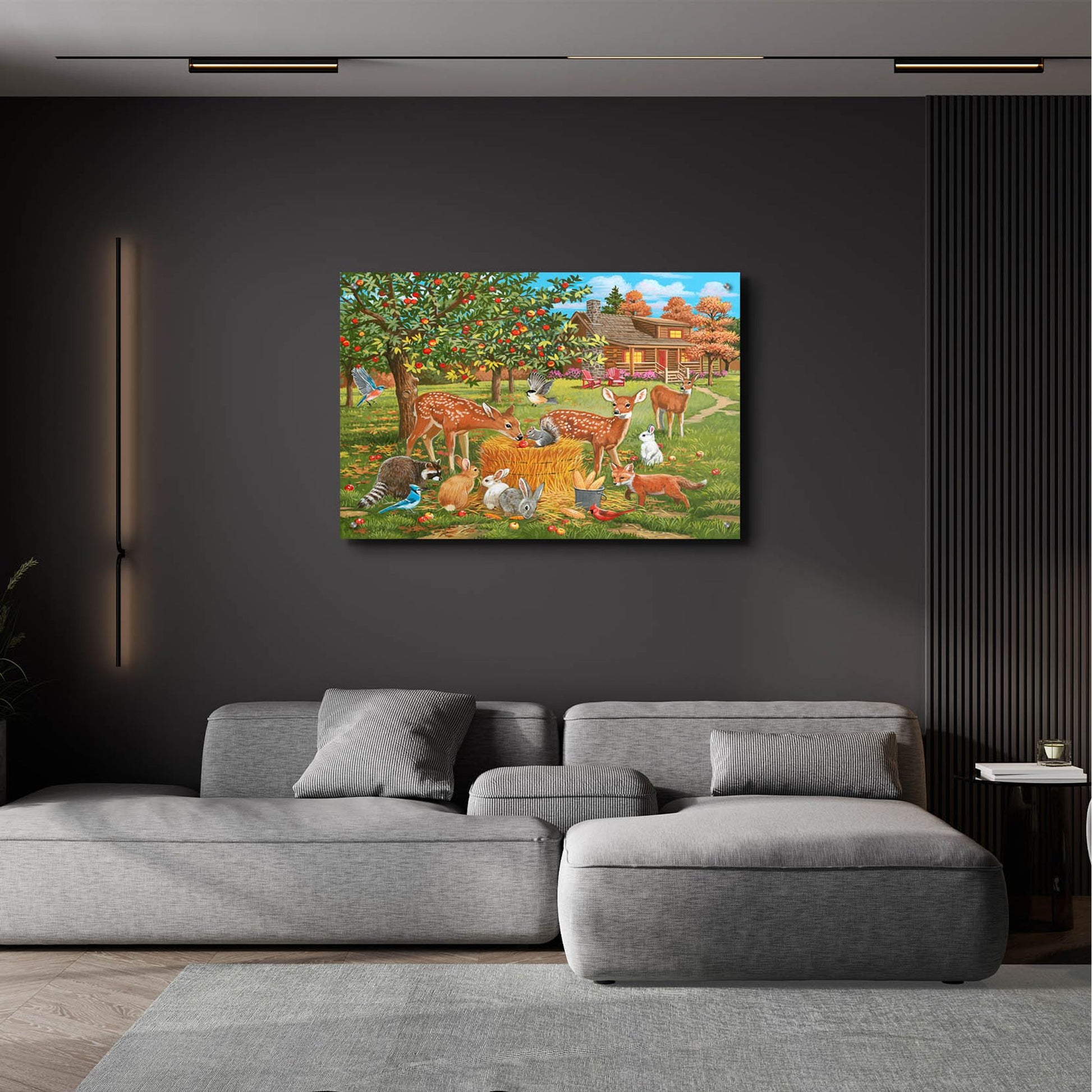 Epic Art 'Fall Cabin Scene with Apple Trees and Forest Animals' by William Vanderdasson, Acrylic Glass Wall Art,36x24