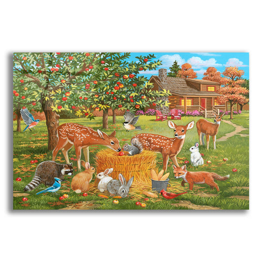 Epic Art 'Fall Cabin Scene with Apple Trees and Forest Animals' by William Vanderdasson, Acrylic Glass Wall Art