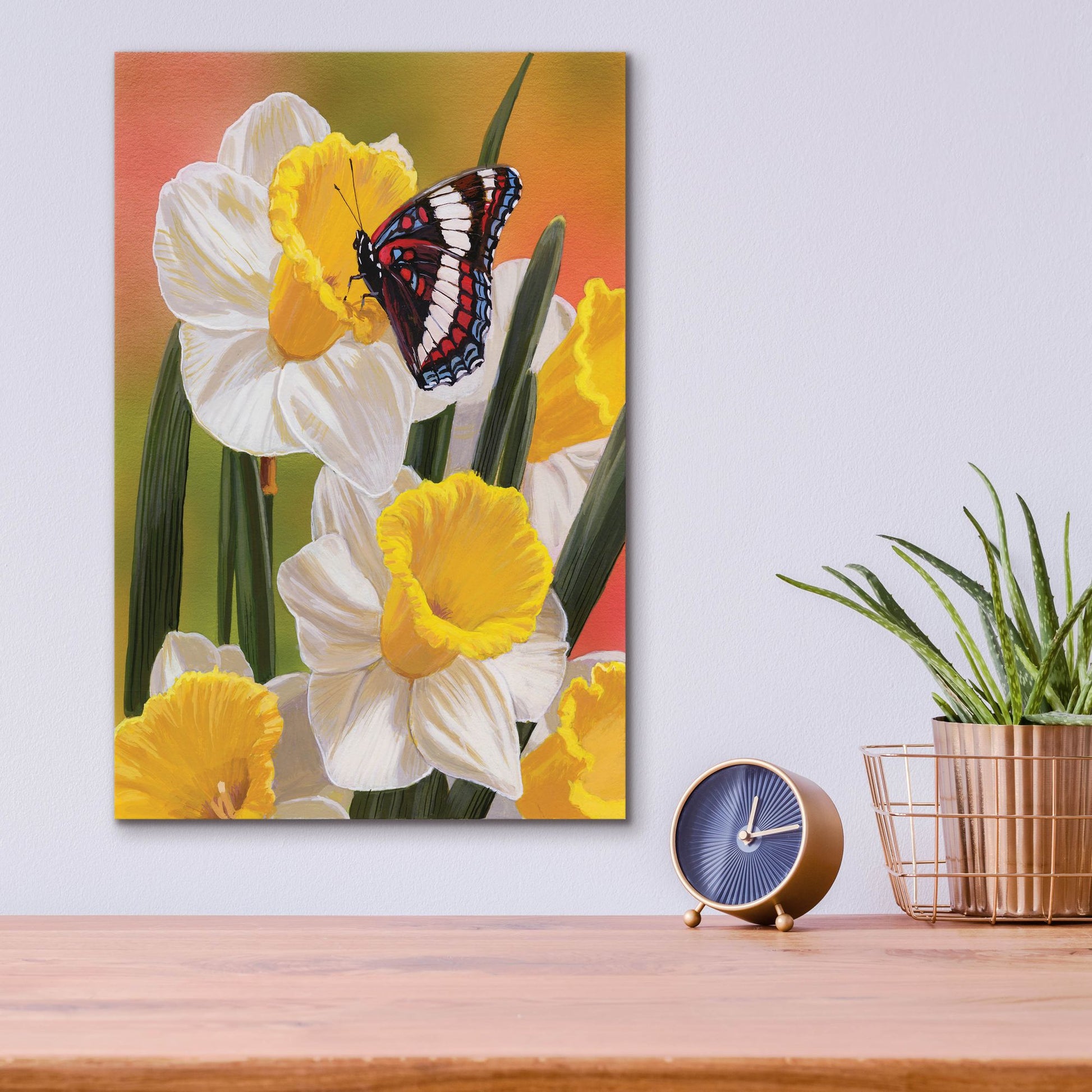 Epic Art 'Daffodils & Butterfly' by William Vanderdasson, Acrylic Glass Wall Art,12x16