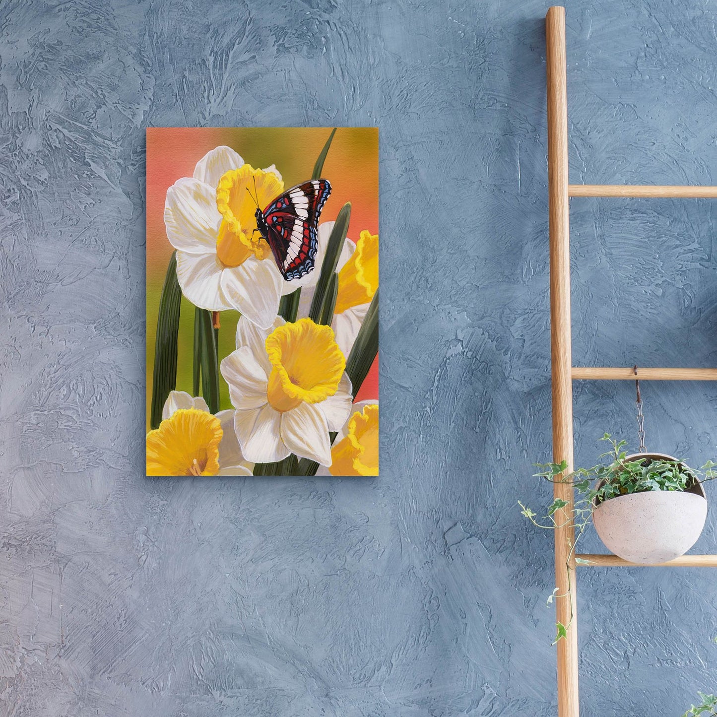 Epic Art 'Daffodils & Butterfly' by William Vanderdasson, Acrylic Glass Wall Art,16x24