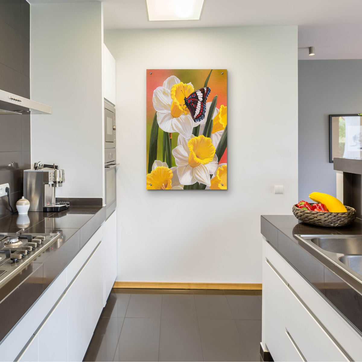 Epic Art 'Daffodils & Butterfly' by William Vanderdasson, Acrylic Glass Wall Art,24x36