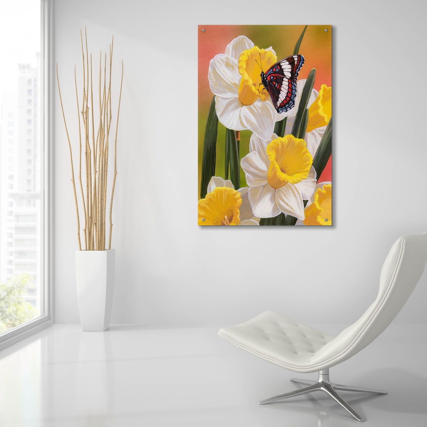Epic Art 'Daffodils & Butterfly' by William Vanderdasson, Acrylic Glass Wall Art,24x36