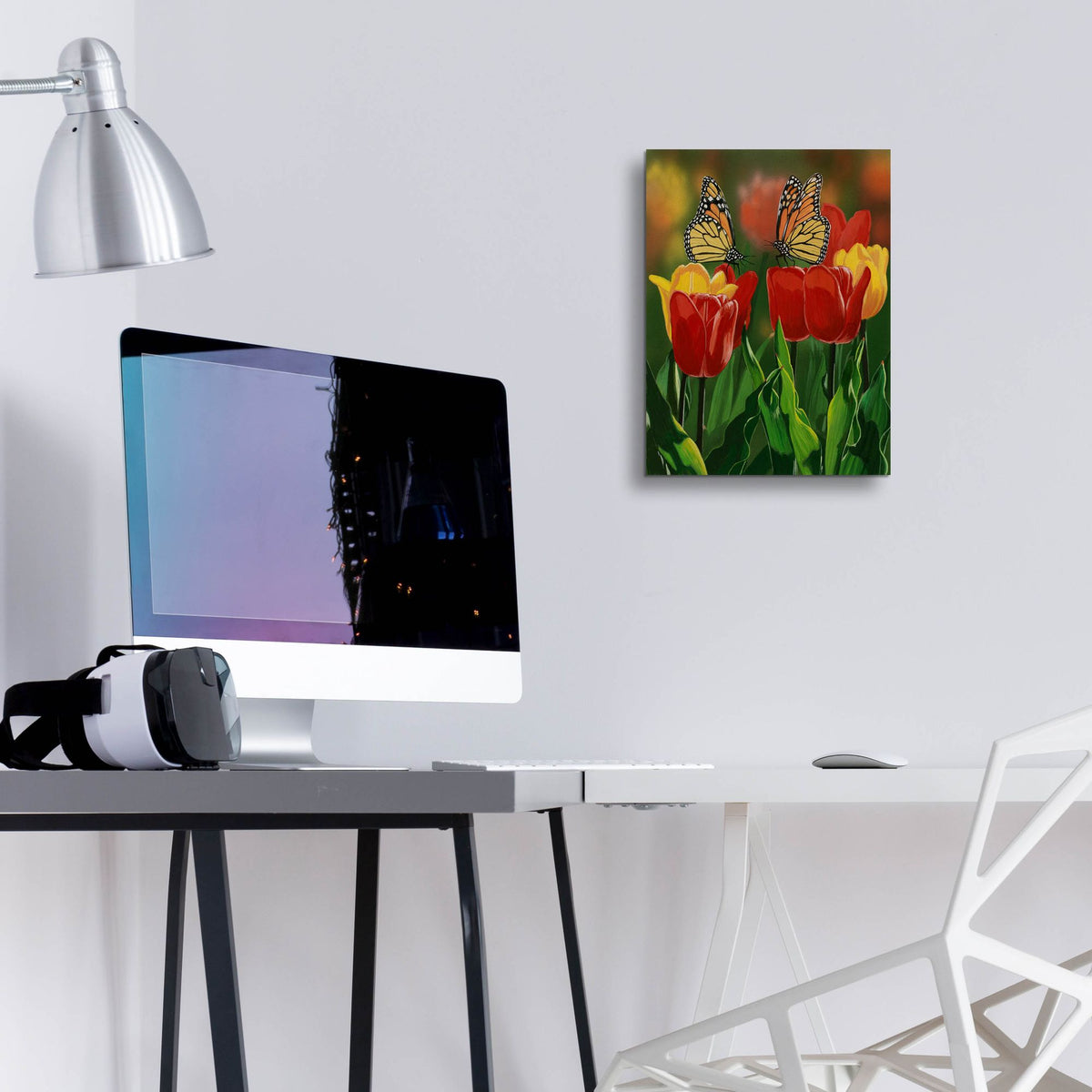 Epic Art 'Monarchs And Tulips' by William Vanderdasson, Acrylic Glass Wall Art,12x16