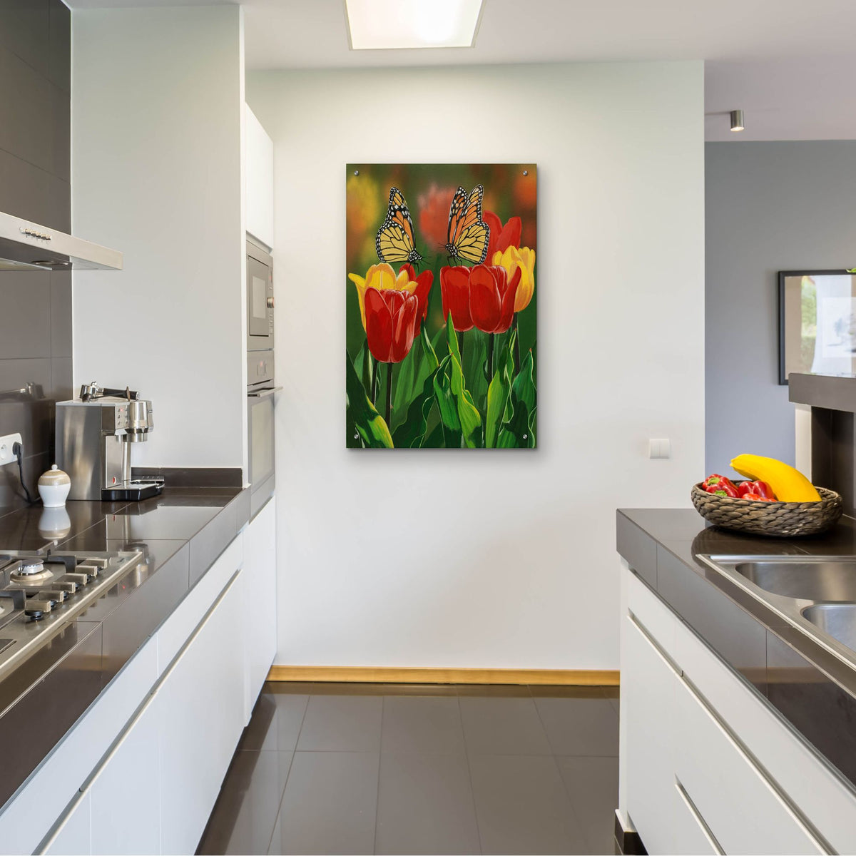 Epic Art 'Monarchs And Tulips' by William Vanderdasson, Acrylic Glass Wall Art,24x36