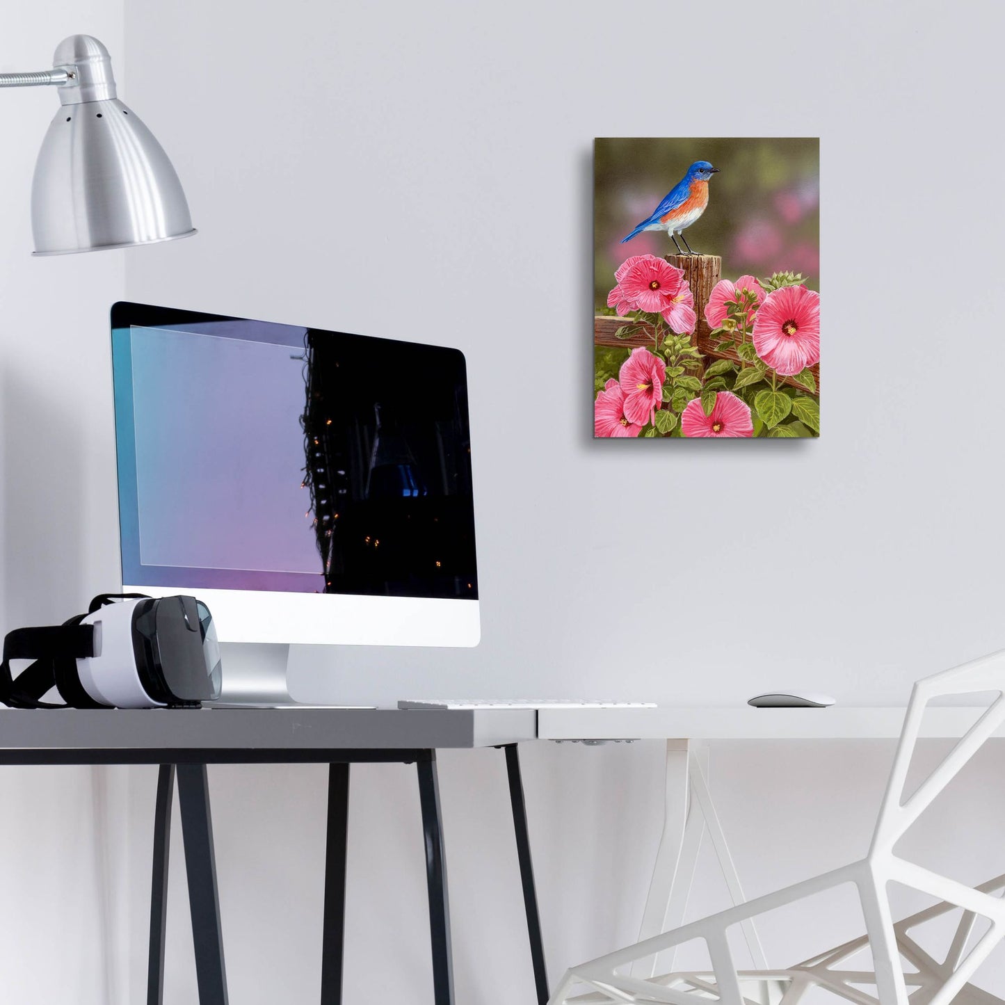 Epic Art 'Bluebird With Hibiscus' by William Vanderdasson, Acrylic Glass Wall Art,12x16