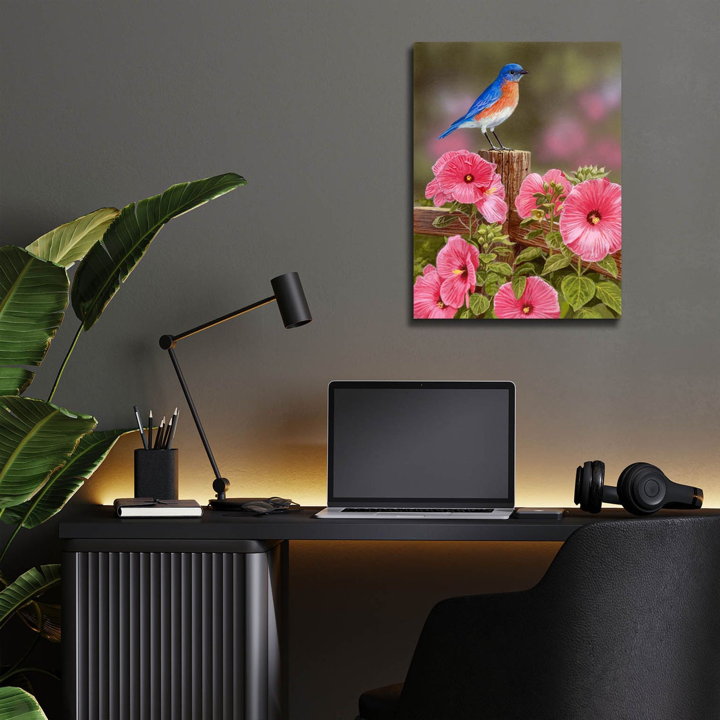 Epic Art 'Bluebird With Hibiscus' by William Vanderdasson, Acrylic Glass Wall Art,12x16