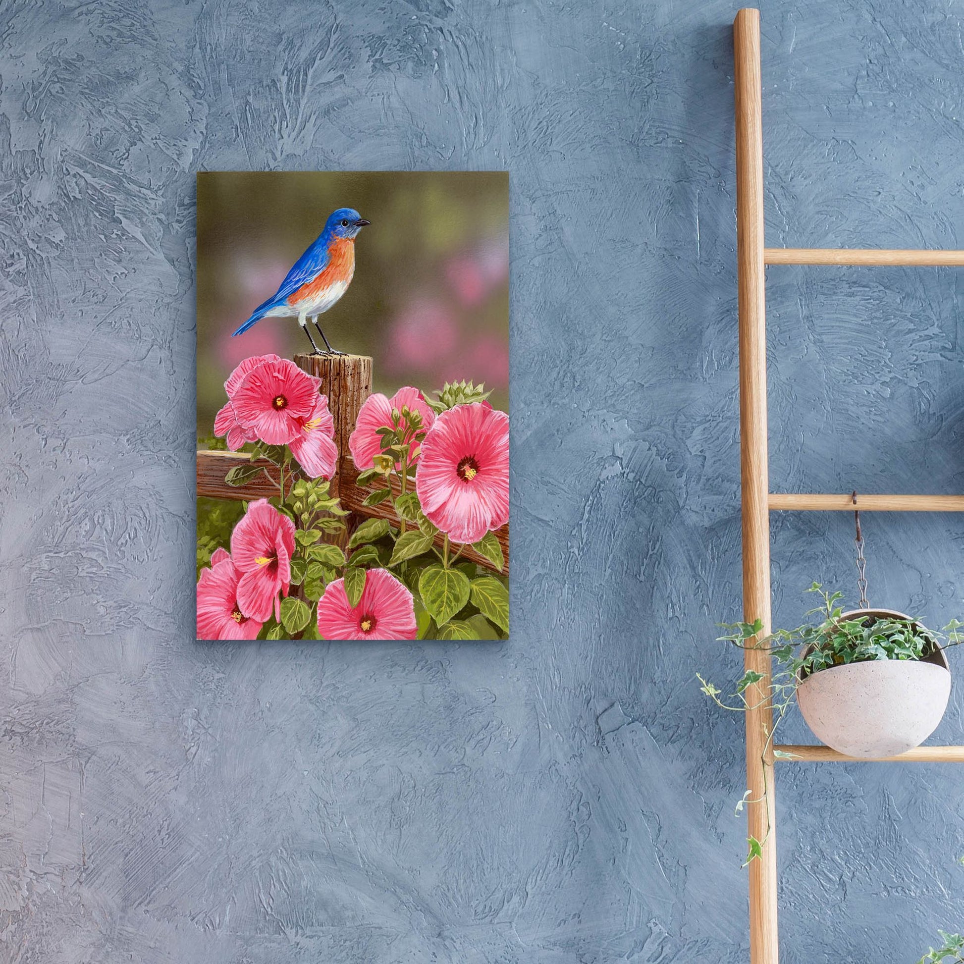 Epic Art 'Bluebird With Hibiscus' by William Vanderdasson, Acrylic Glass Wall Art,16x24