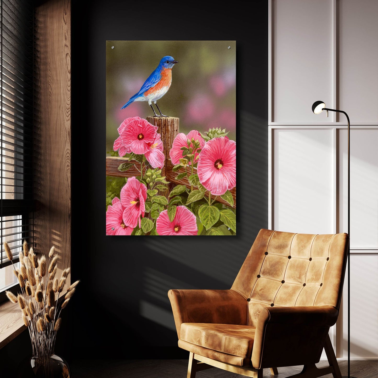 Epic Art 'Bluebird With Hibiscus' by William Vanderdasson, Acrylic Glass Wall Art,24x36