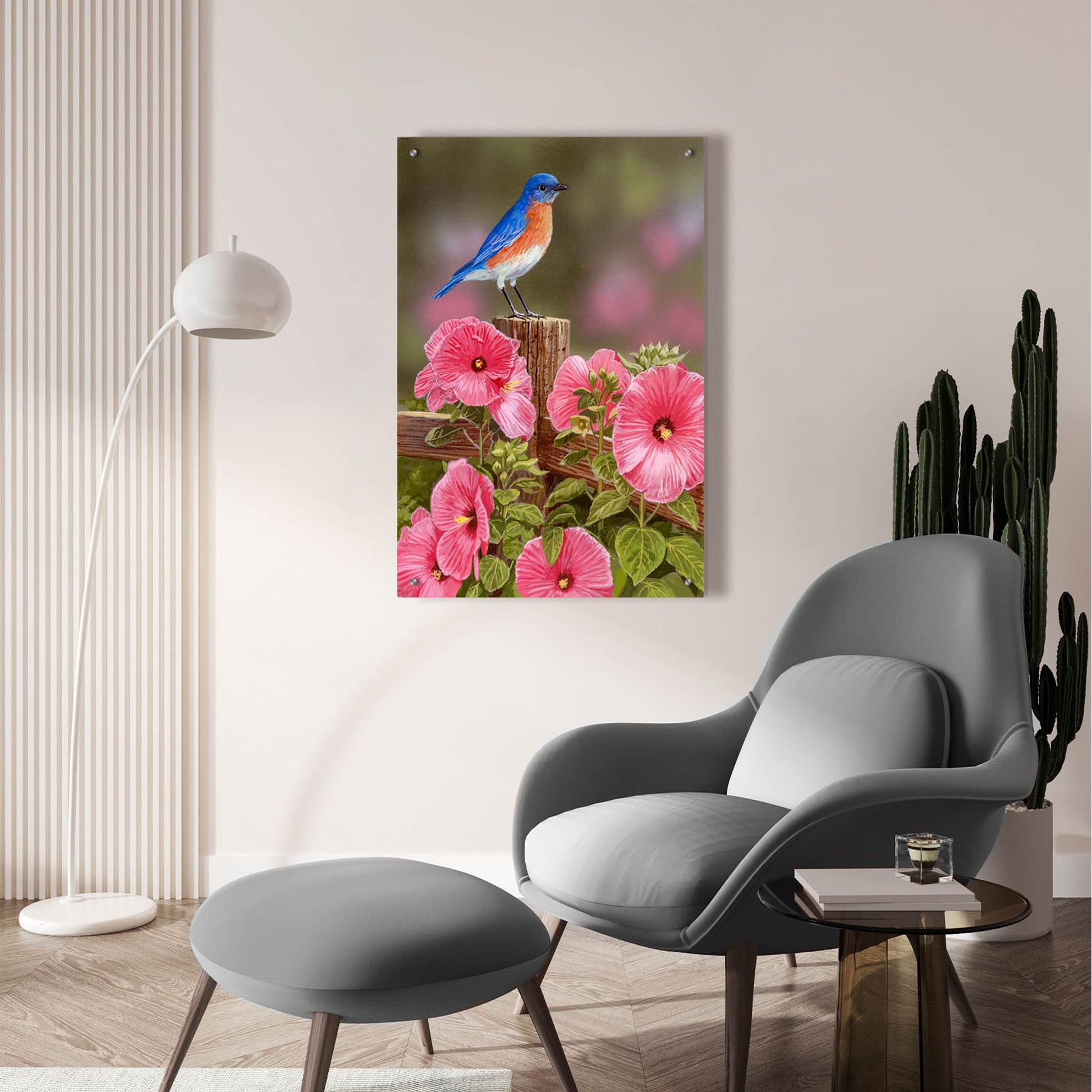 Epic Art 'Bluebird With Hibiscus' by William Vanderdasson, Acrylic Glass Wall Art,24x36