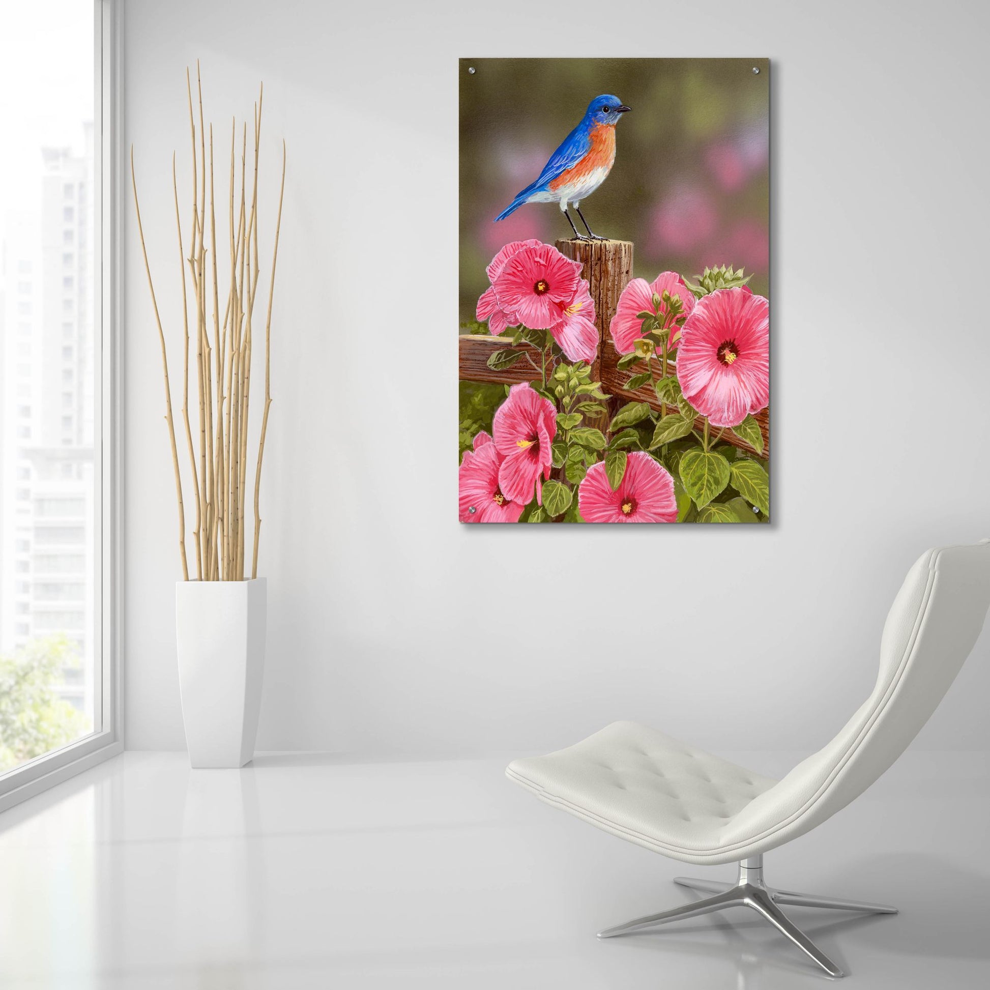 Epic Art 'Bluebird With Hibiscus' by William Vanderdasson, Acrylic Glass Wall Art,24x36