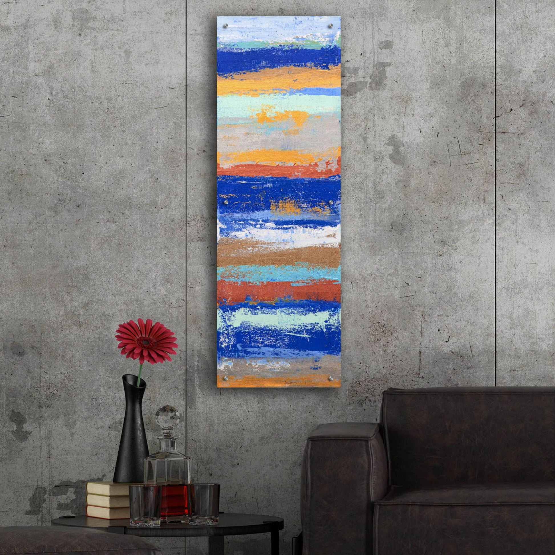 Epic Art 'Blue and Metal 1 ' by Hilary Winfield, Acrylic Glass Wall Art,16x48