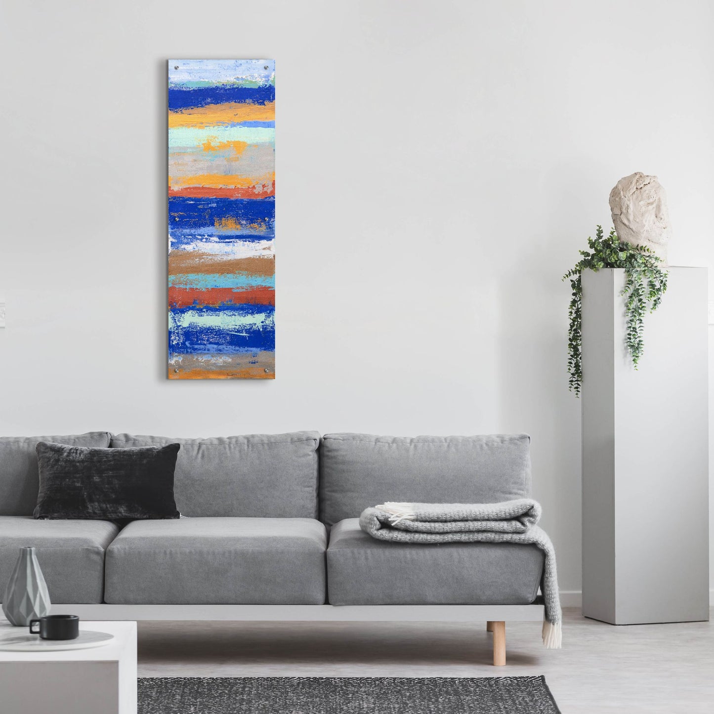 Epic Art 'Blue and Metal 1 ' by Hilary Winfield, Acrylic Glass Wall Art,16x48