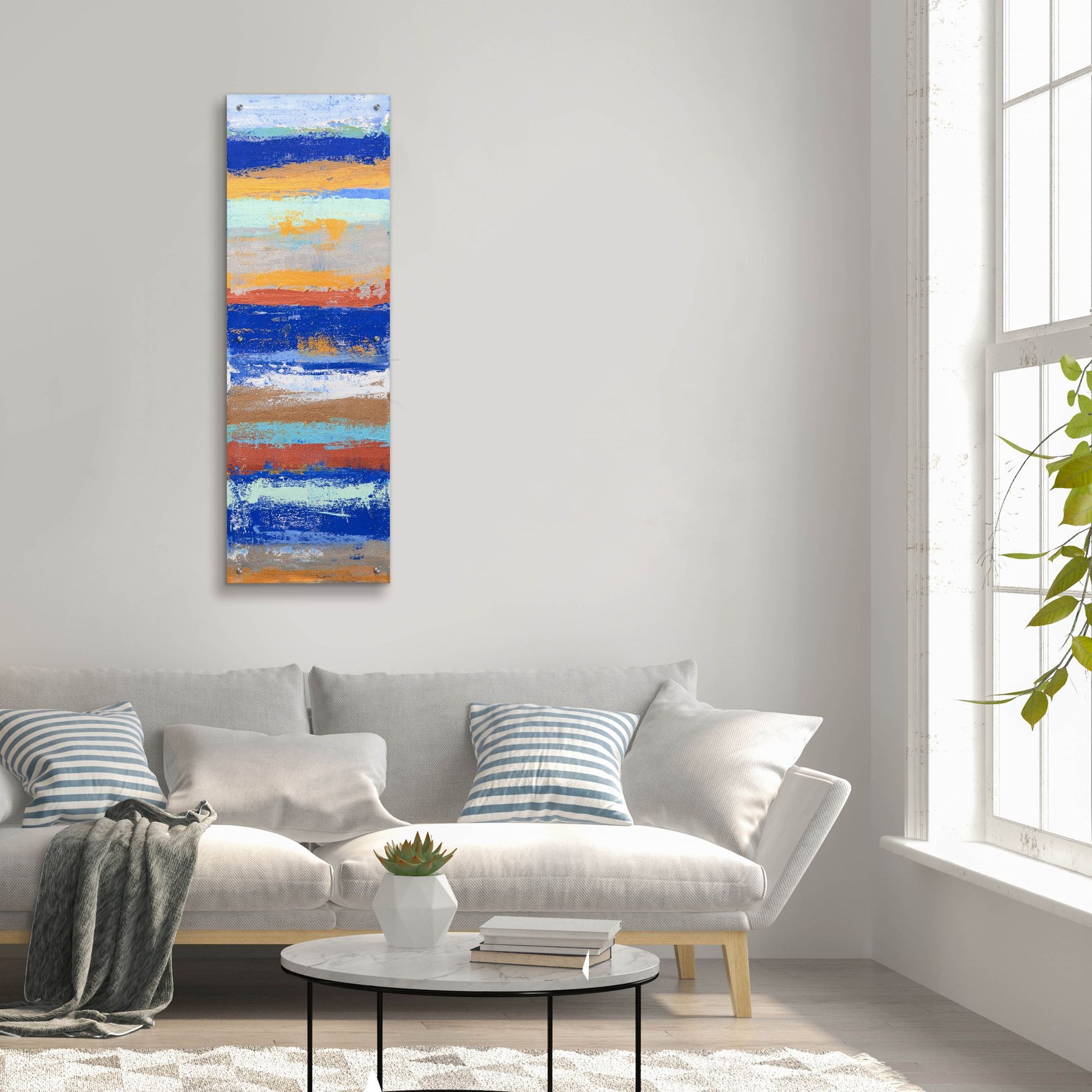 Epic Art 'Blue and Metal 1 ' by Hilary Winfield, Acrylic Glass Wall Art,16x48