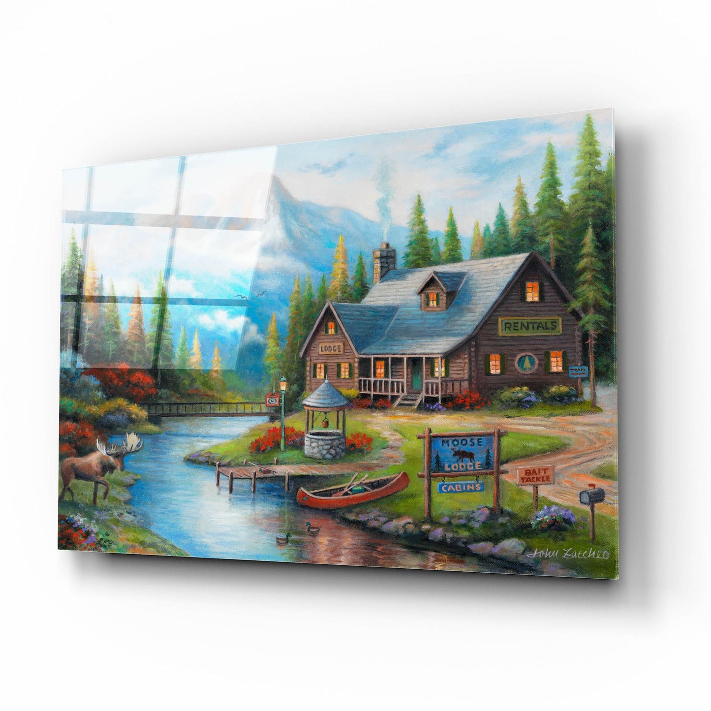 Epic Art 'Moose Creek Lodge' by John Zaccheo, Acrylic Glass Wall Art,16x12