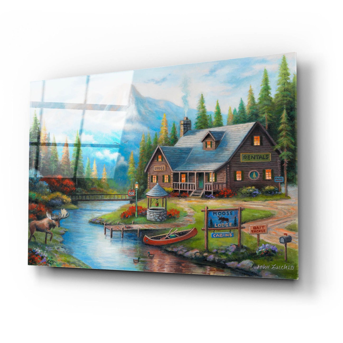 Epic Art 'Moose Creek Lodge' by John Zaccheo, Acrylic Glass Wall Art,24x16