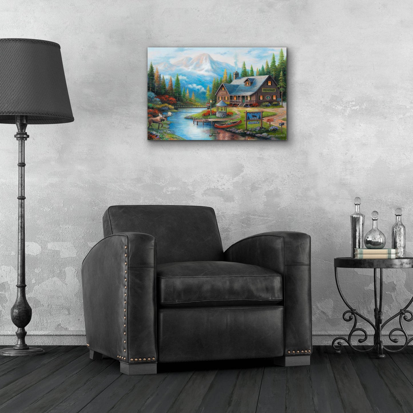 Epic Art 'Moose Creek Lodge' by John Zaccheo, Acrylic Glass Wall Art,24x16