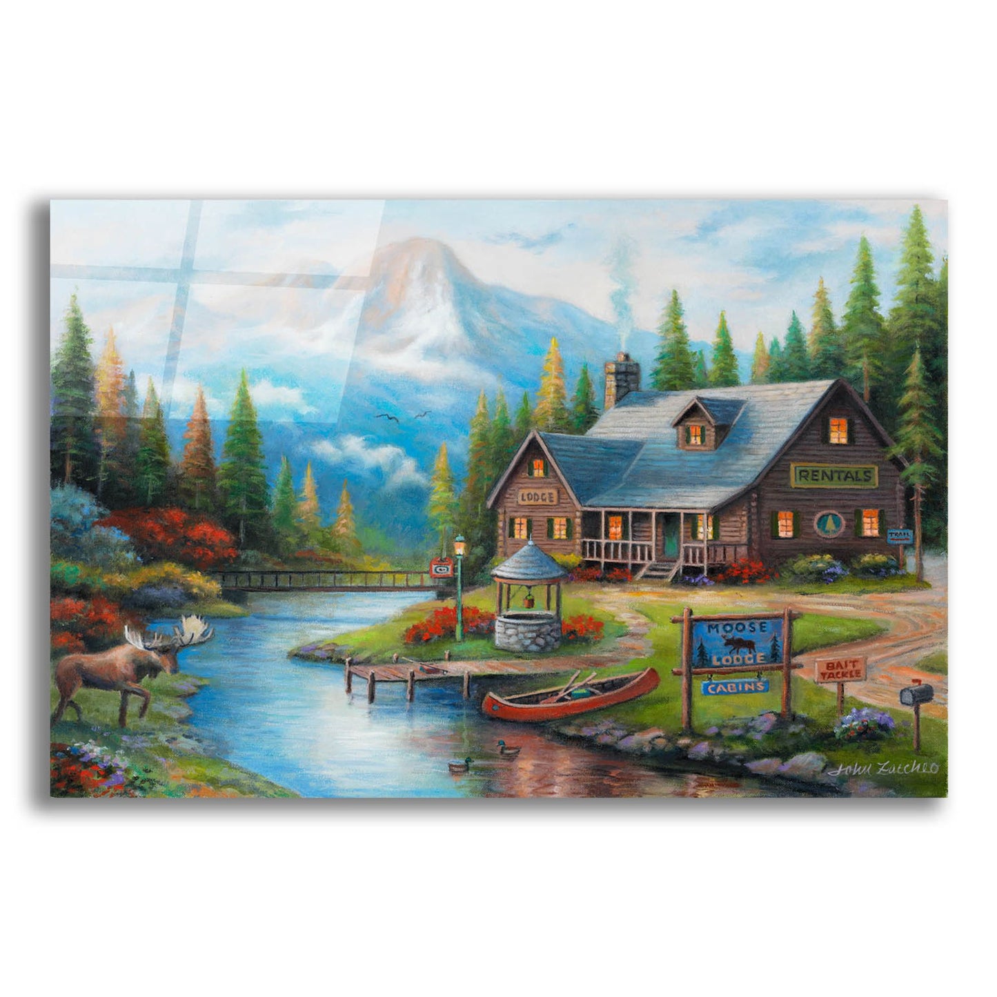 Epic Art 'Moose Creek Lodge' by John Zaccheo, Acrylic Glass Wall Art,24x16