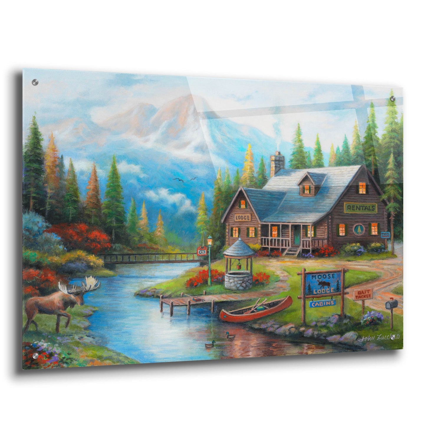 Epic Art 'Moose Creek Lodge' by John Zaccheo, Acrylic Glass Wall Art,36x24